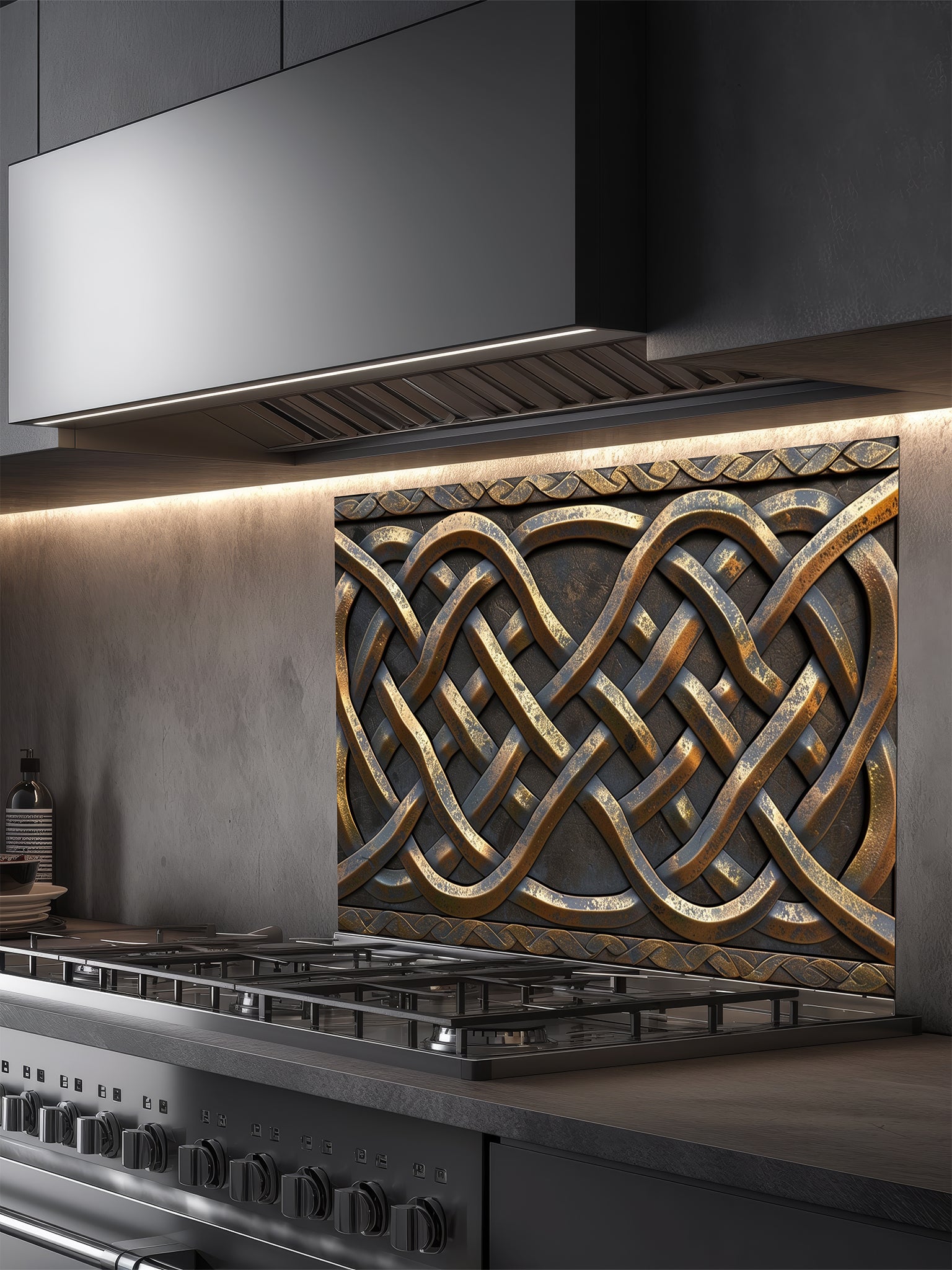 Tempered glass kitchen backsplash featuring a highly realistic 3D faux metal design of intricate interlaced Celtic knots in antique bronze and dark iron tones, installed behind a modern stainless steel stove.