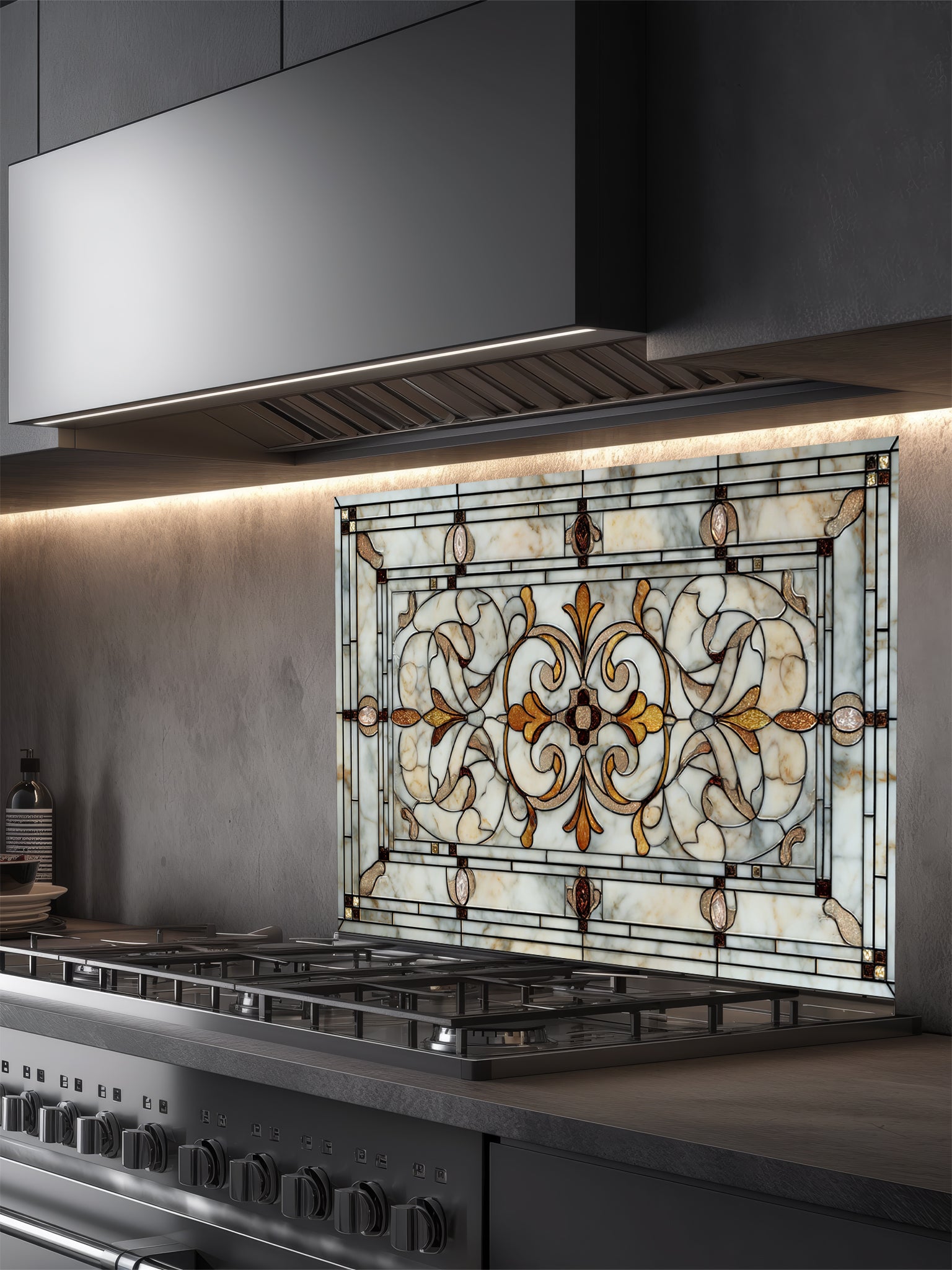 Faux antique leaded stained glass panel featuring elegant symmetrical scrollwork in warm amber and marbled cream tones, UV printed on a smooth tempered glass kitchen backsplash.