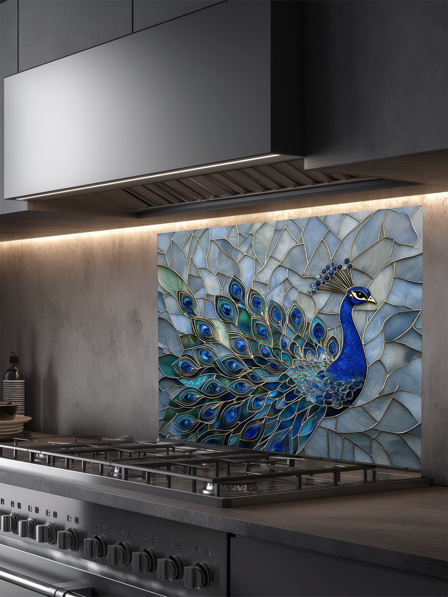 Tempered glass kitchen backsplash featuring a highly realistic 3D illusion of a stained glass mosaic showing a regal royal blue peacock with elegant gold outlines against an icy blue background, installed behind a modern stainless steel stove.