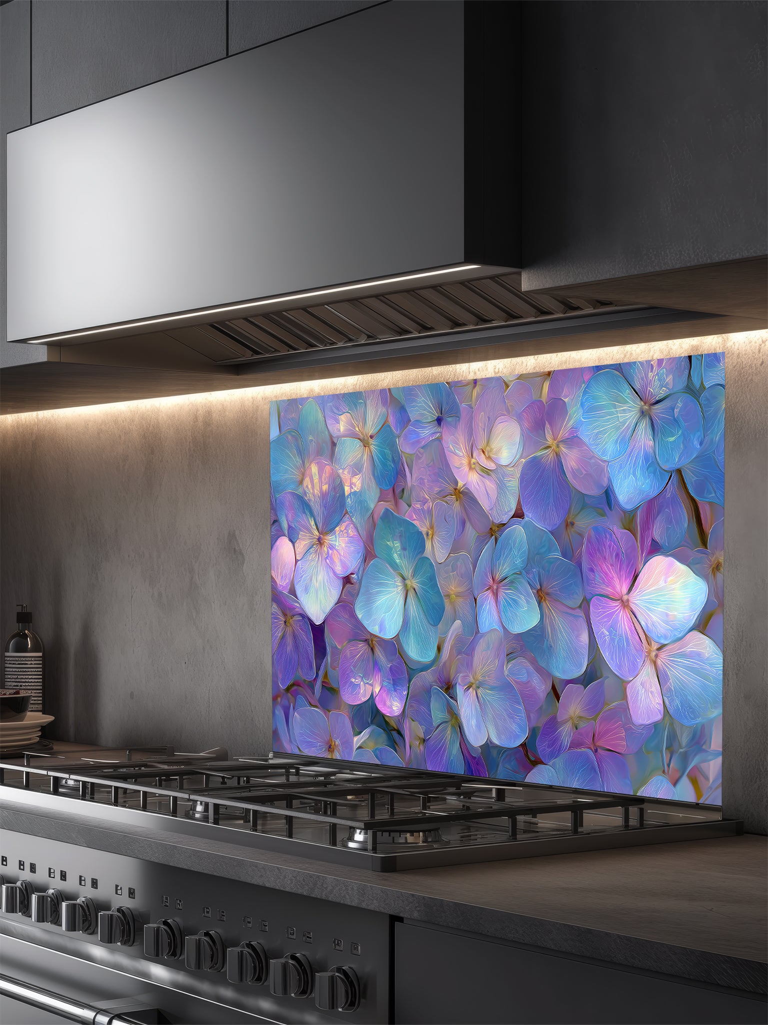 Ethereal iridescent floral pattern featuring glowing purple, blue, and pink flower petals, UV printed on a smooth tempered glass kitchen backsplash, installed behind a modern stove.