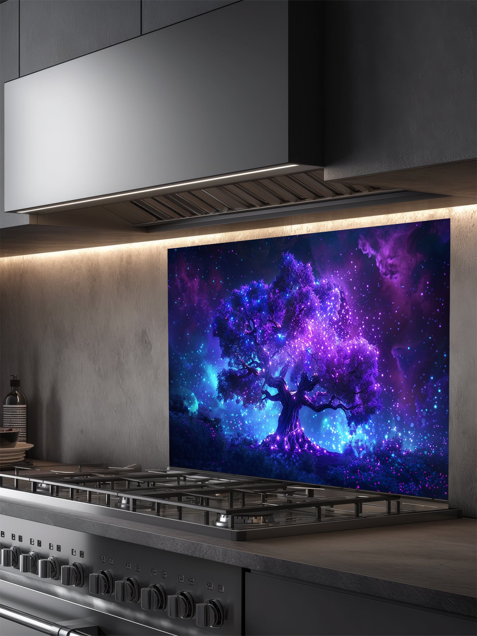 Glowing purple and blue cosmic tree of life against a starry nebula galaxy background, UV printed on a smooth tempered glass kitchen backsplash.