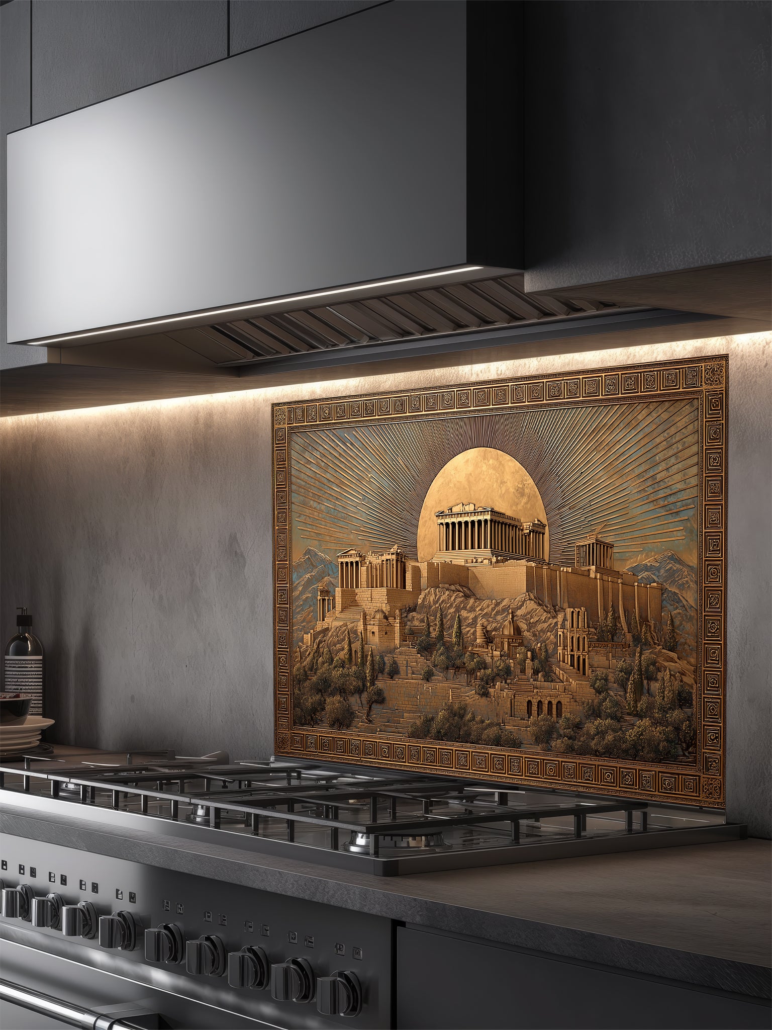 Faux 3D sculpted gold and bronze relief of the Ancient Greek Acropolis and Parthenon under a glowing moon, framed by a Greek key border, UV printed on a smooth tempered glass kitchen backsplash.