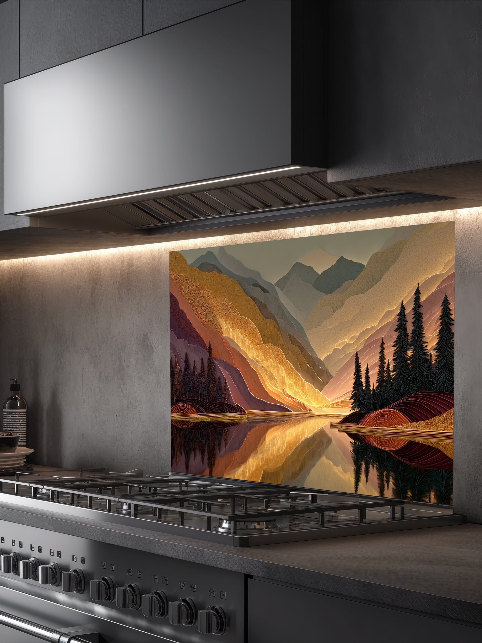 Tempered glass kitchen backsplash featuring a highly realistic 3D illusion of a textured mountain landscape at sunset, showcasing glowing golden peaks, dark pine trees, and a calm lake reflection in rich burgundy and amber tones, installed behind a modern black stove.