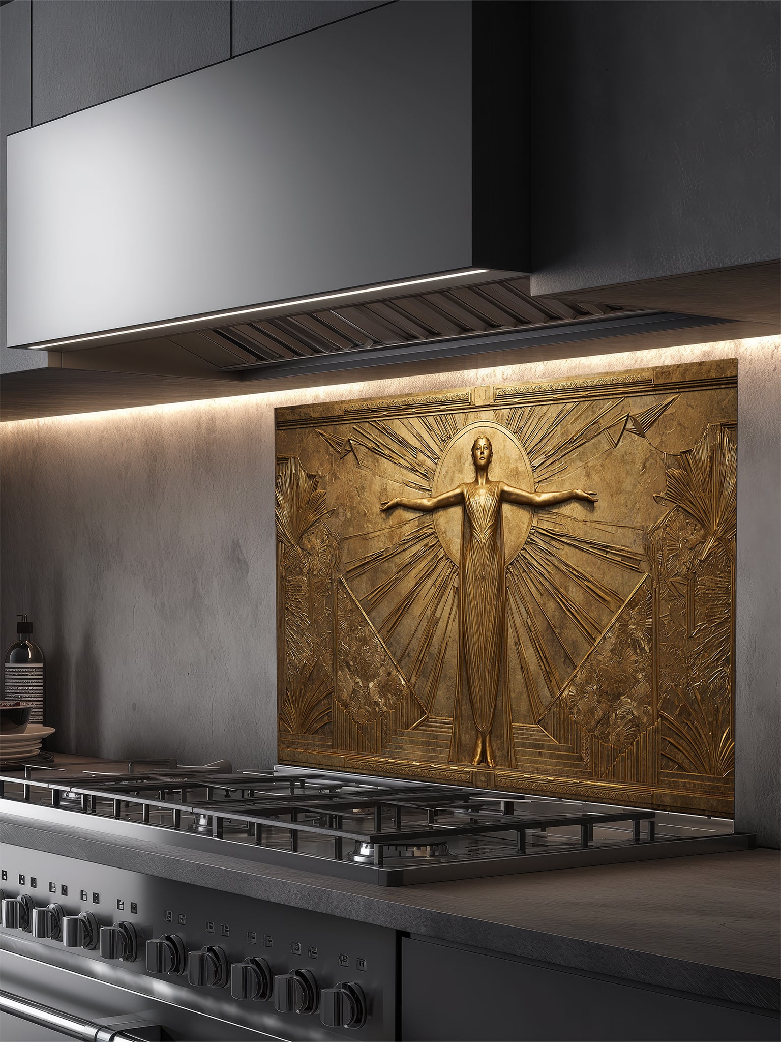Tempered glass kitchen backsplash featuring a highly realistic 3D faux gold metal relief of a vintage Art Deco woman framed by elegant sunburst rays, installed behind a modern stainless steel stove.
