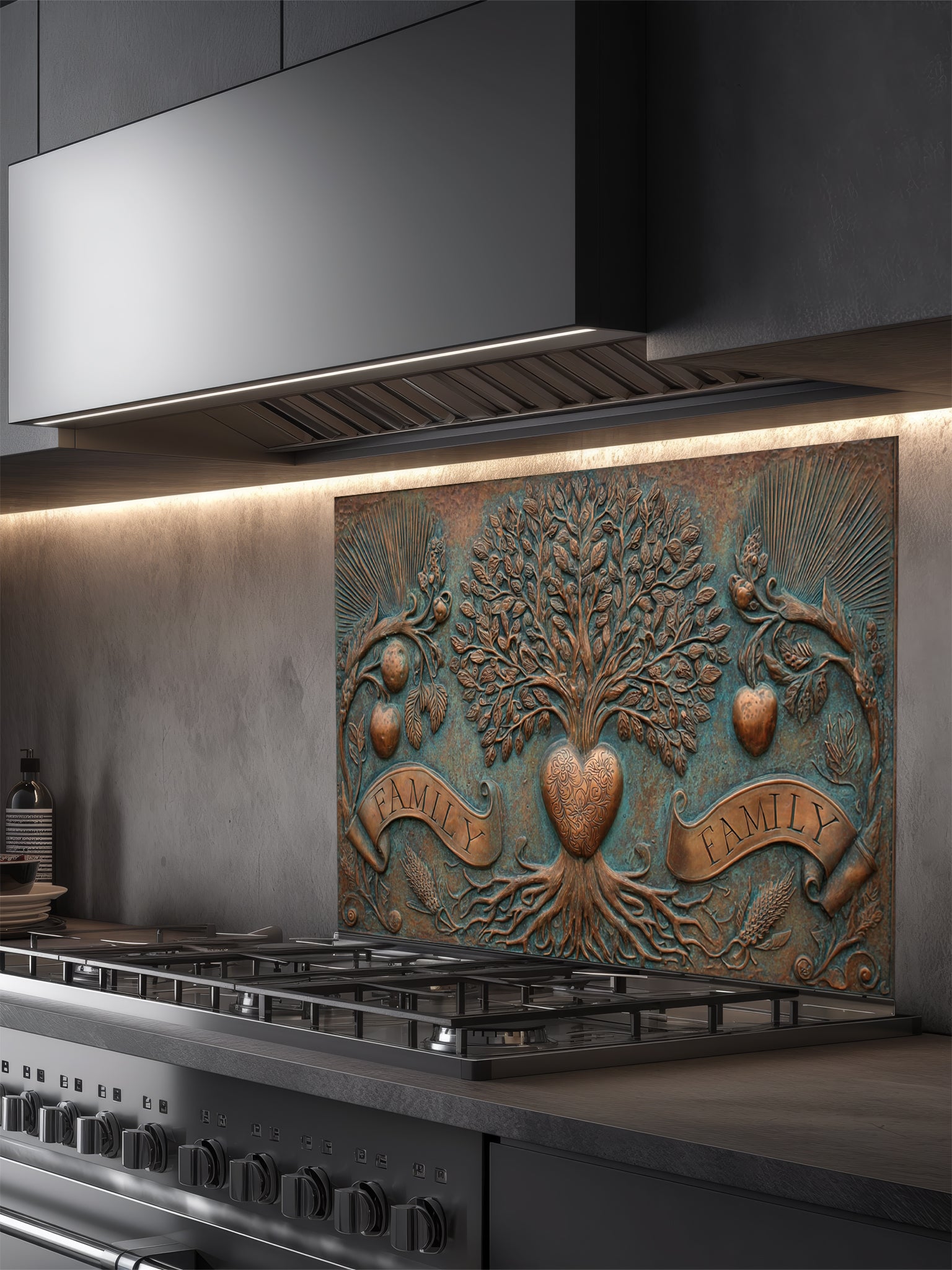 Faux 3D sculpted bronze and copper relief of a family tree of life with a heart and banners reading 'FAMILY' against an oxidized patina background, UV printed on a smooth tempered glass kitchen backsplash.