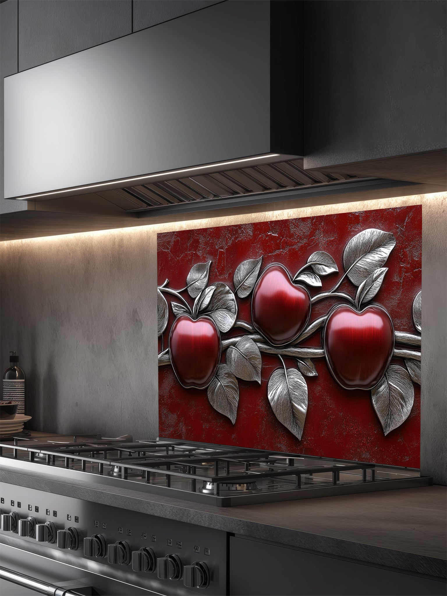 Faux 3D effect glossy red apples and metallic silver leaves on a textured crimson background, UV printed on a smooth tempered glass kitchen backsplash.