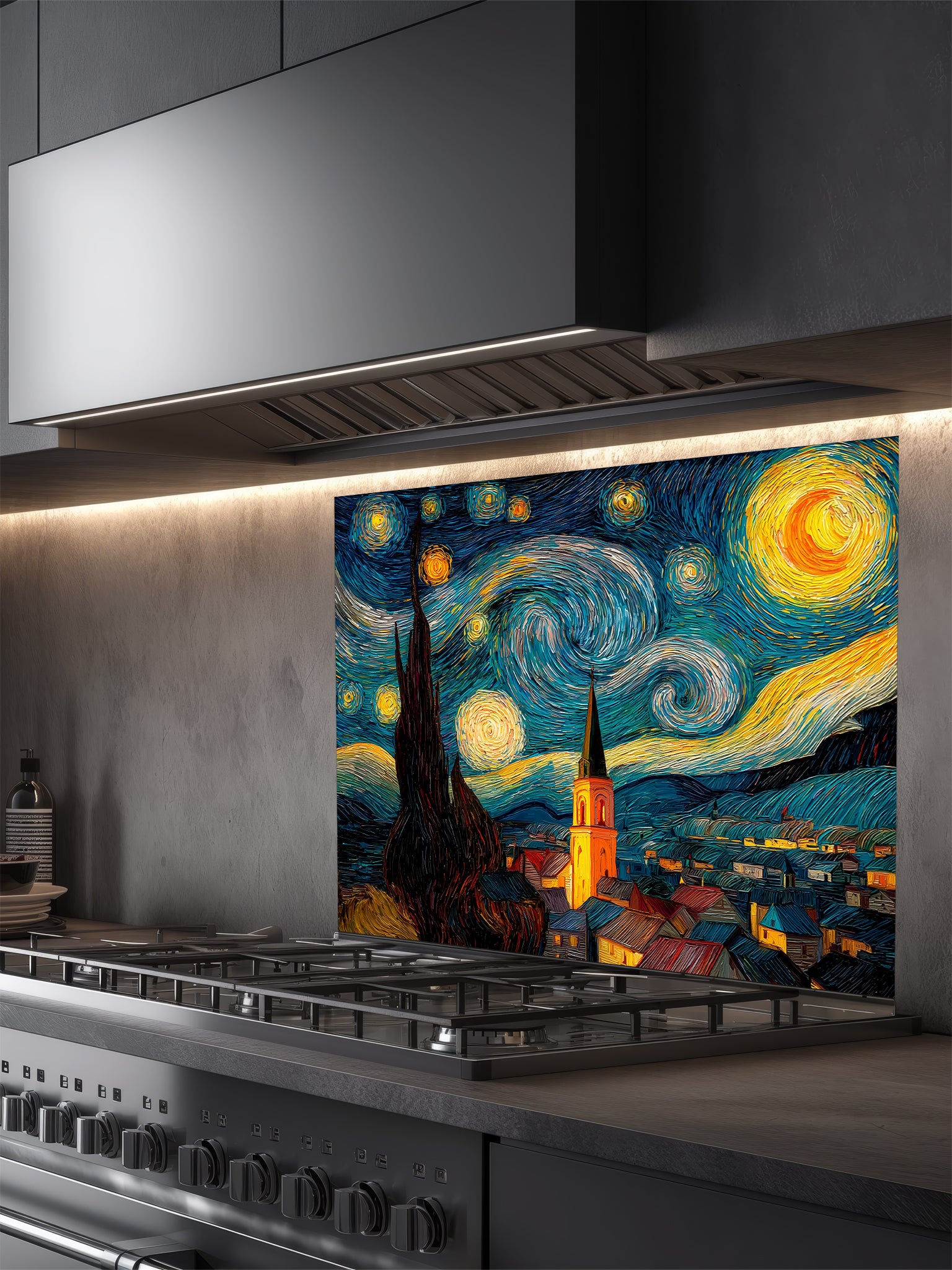 Tempered glass kitchen backsplash featuring a highly realistic 3D illusion of a thick impasto oil painting inspired by The Starry Night, showing a swirling blue night sky, glowing yellow stars, and a dark silhouette of a cypress tree over a village, installed behind a modern black stove.