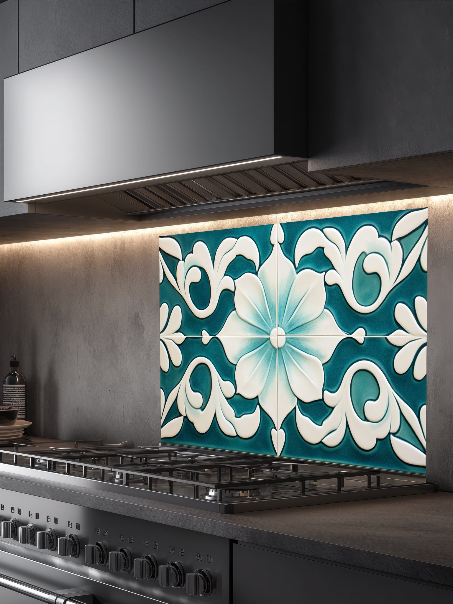 Tempered glass kitchen backsplash featuring a highly realistic illusion of traditional Mediterranean or Talavera tiles, showcasing a large, elegant floral or lotus pattern in deep teal and creamy ivory, installed behind a modern black stove.
