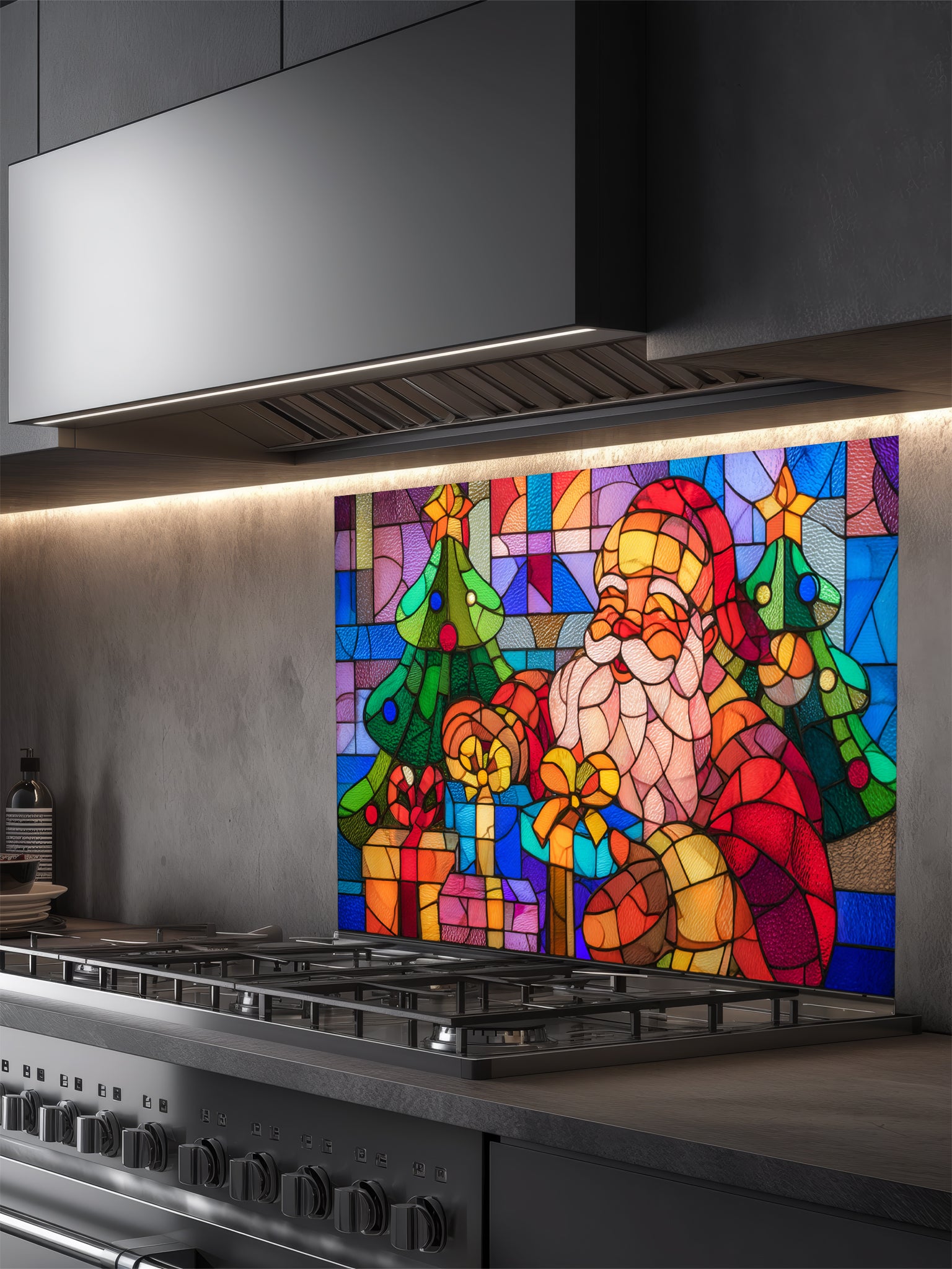 Tempered glass kitchen backsplash featuring a highly realistic 3D illusion of colorful stained glass art showing a cheerful Santa Claus surrounded by green Christmas trees and wrapped gifts in vibrant red, blue, green, and gold, installed behind a modern black stove.