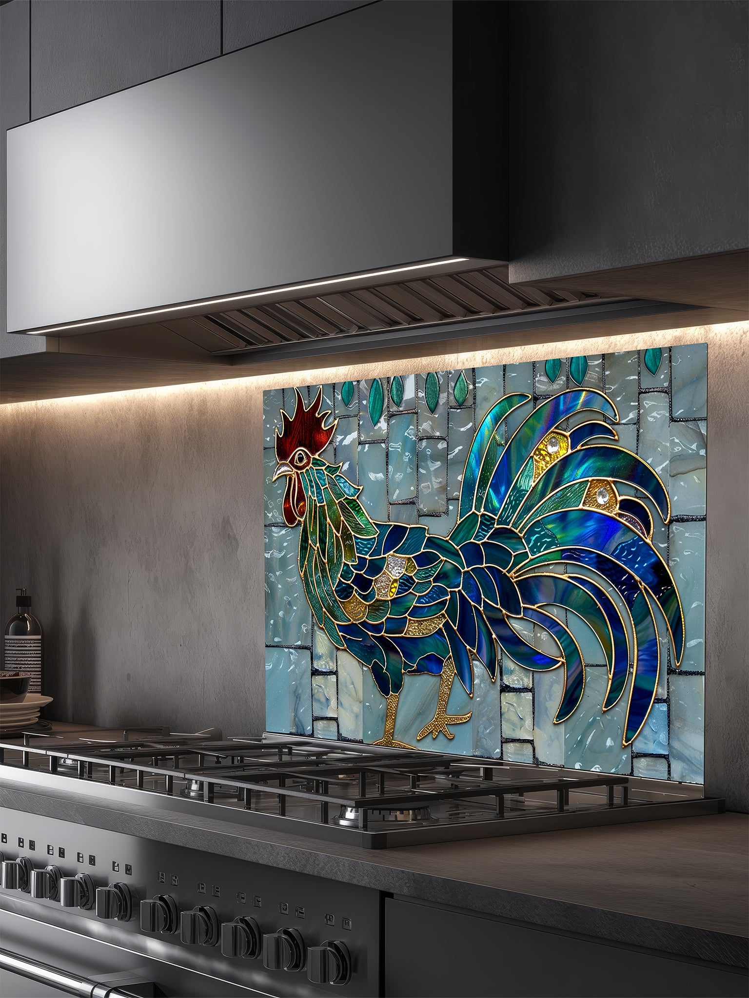 Tempered glass kitchen backsplash featuring a vibrant faux stained glass rooster with jewel-toned sapphire and emerald feathers and gold outlines, set against a light blue vertical mosaic tile background.