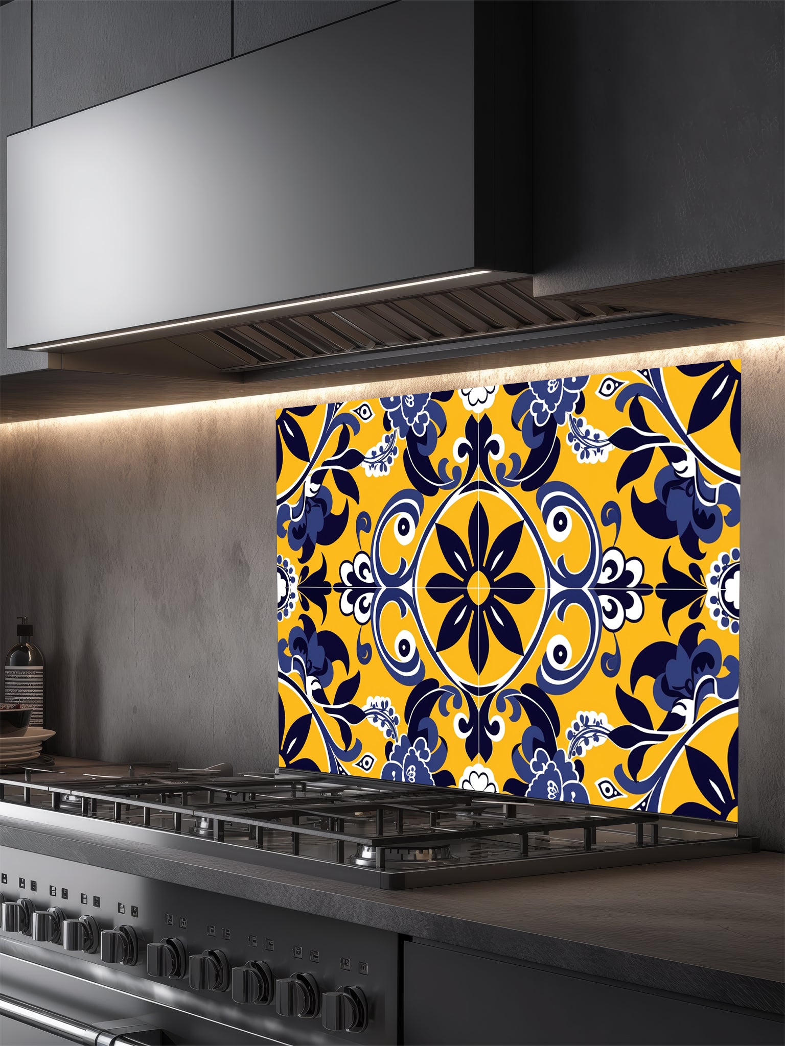Vibrant traditional Talavera style faux tile pattern in bright yellow, deep navy blue, and white, UV printed on a smooth tempered glass kitchen backsplash.