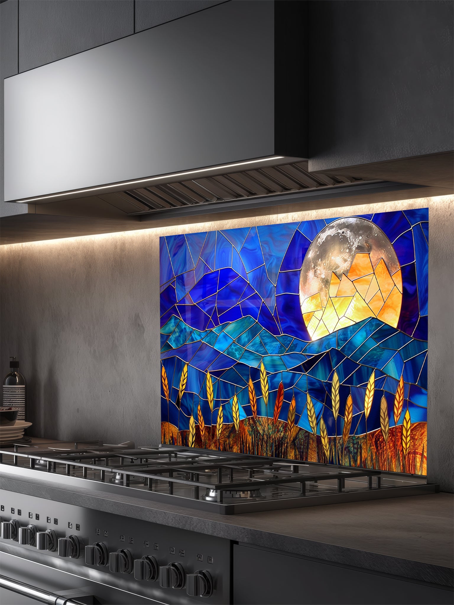 Stained glass style landscape featuring deep blue mountains, a glowing full moon, and golden wheat, UV printed on a smooth tempered glass kitchen backsplash.