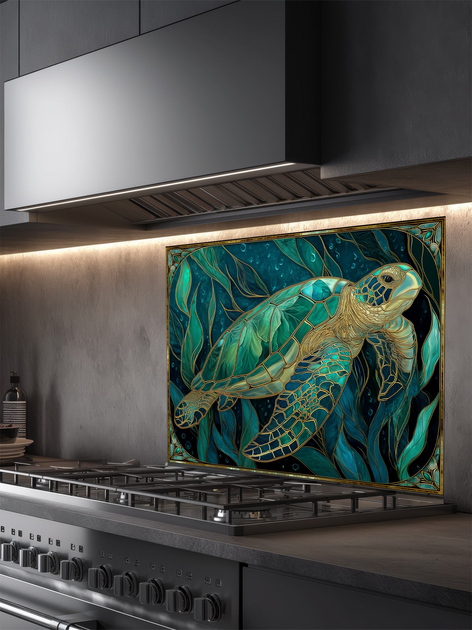 Tempered glass kitchen backsplash featuring a highly realistic 3D illusion of Art Nouveau stained glass showing a graceful sea turtle swimming among flowing teal and emerald underwater botanicals outlined in gold, installed behind a modern stainless steel stove.