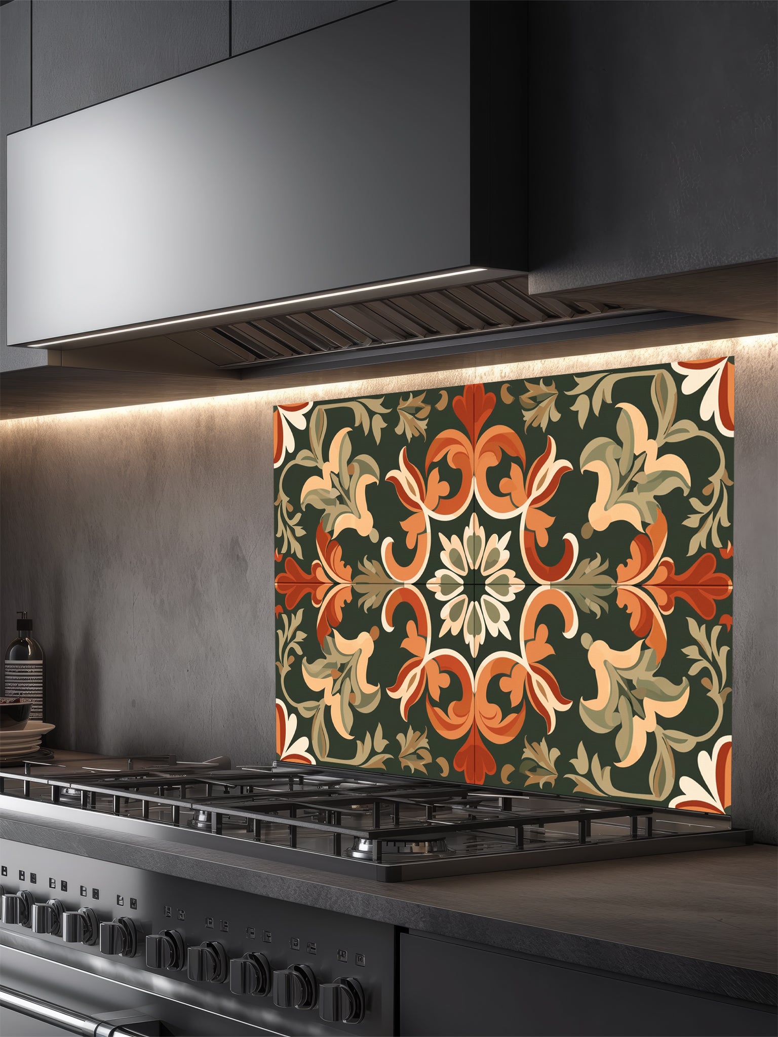 Vintage style Moroccan tile pattern featuring terracotta orange and cream botanical scrollwork on a deep forest green background, UV printed on a smooth tempered glass kitchen backsplash.