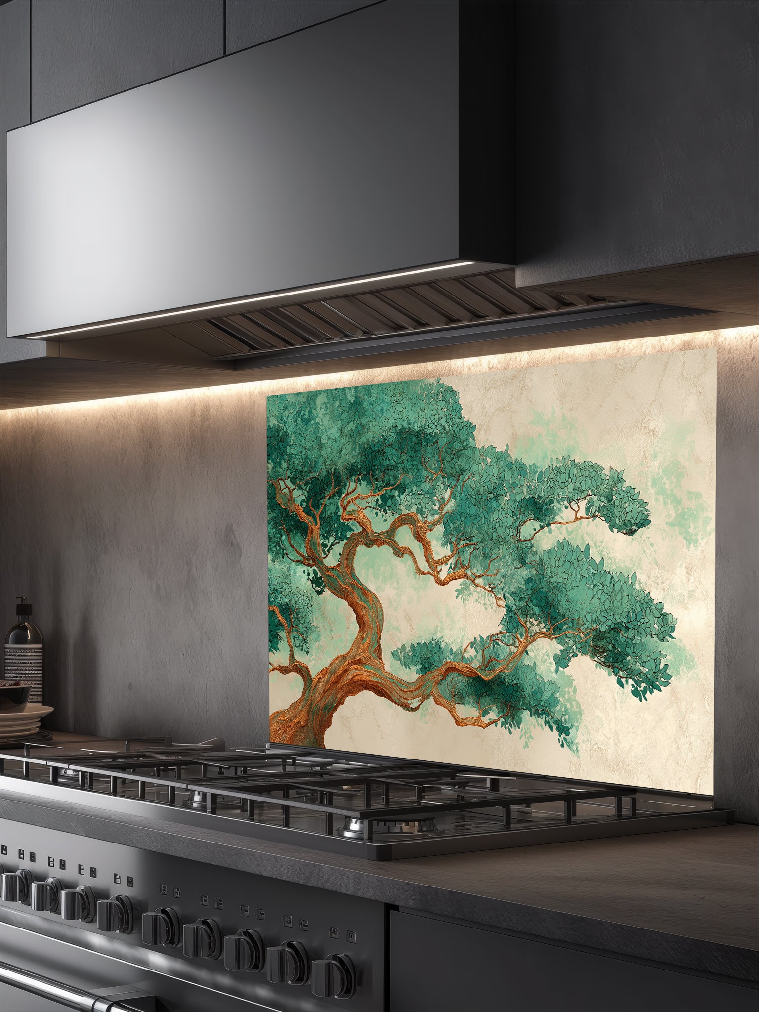 Traditional Asian art style illustration of an ancient bonsai pine tree with lush green needles on a textured beige background, UV printed on a smooth tempered glass kitchen backsplash.