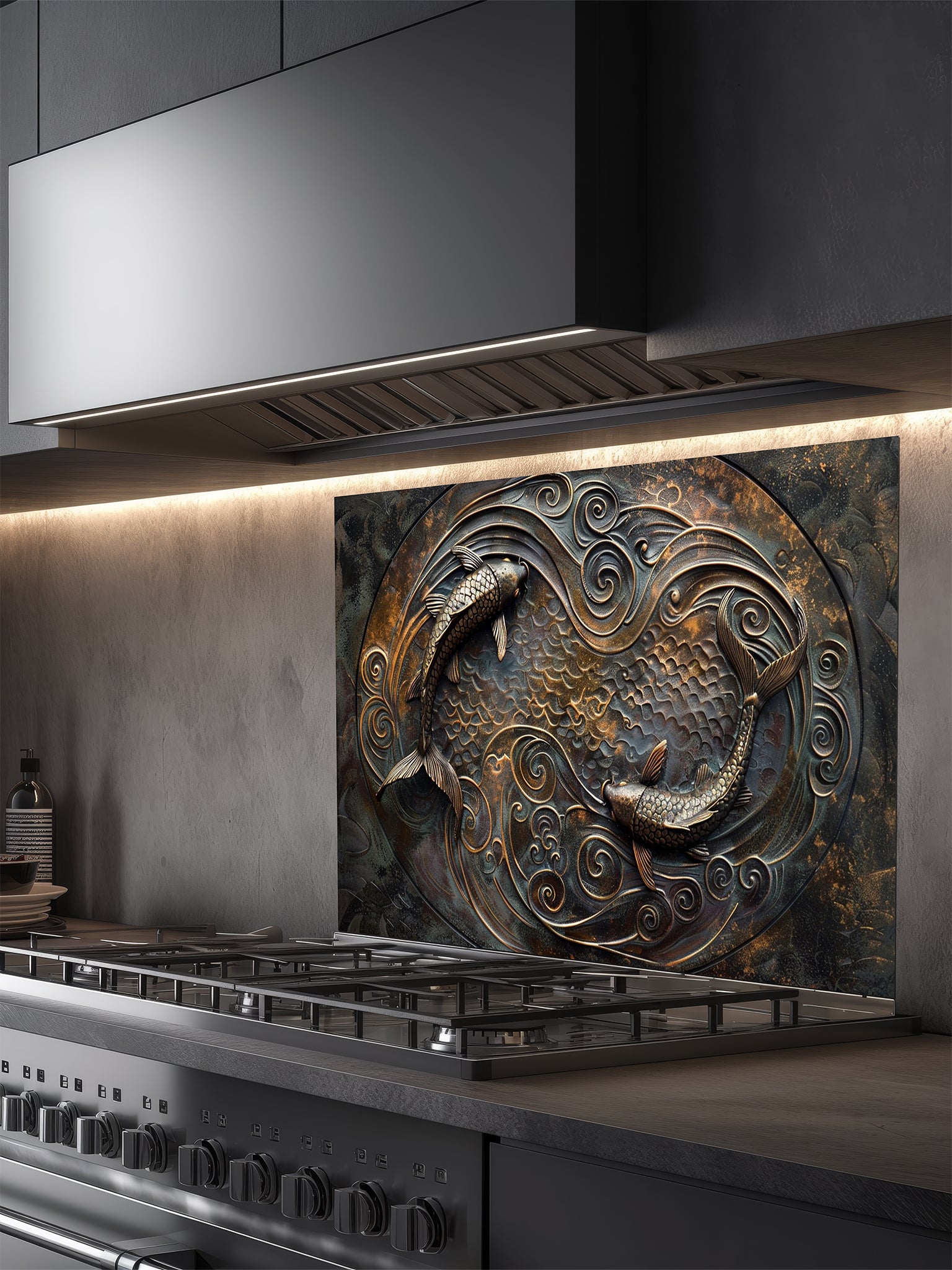 Tempered glass kitchen backsplash featuring a highly realistic 3D faux metal design of two Koi fish swimming in a circular Yin-Yang pattern among swirling waves in antique bronze and dark oxidized tones, installed behind a modern stainless steel stove.