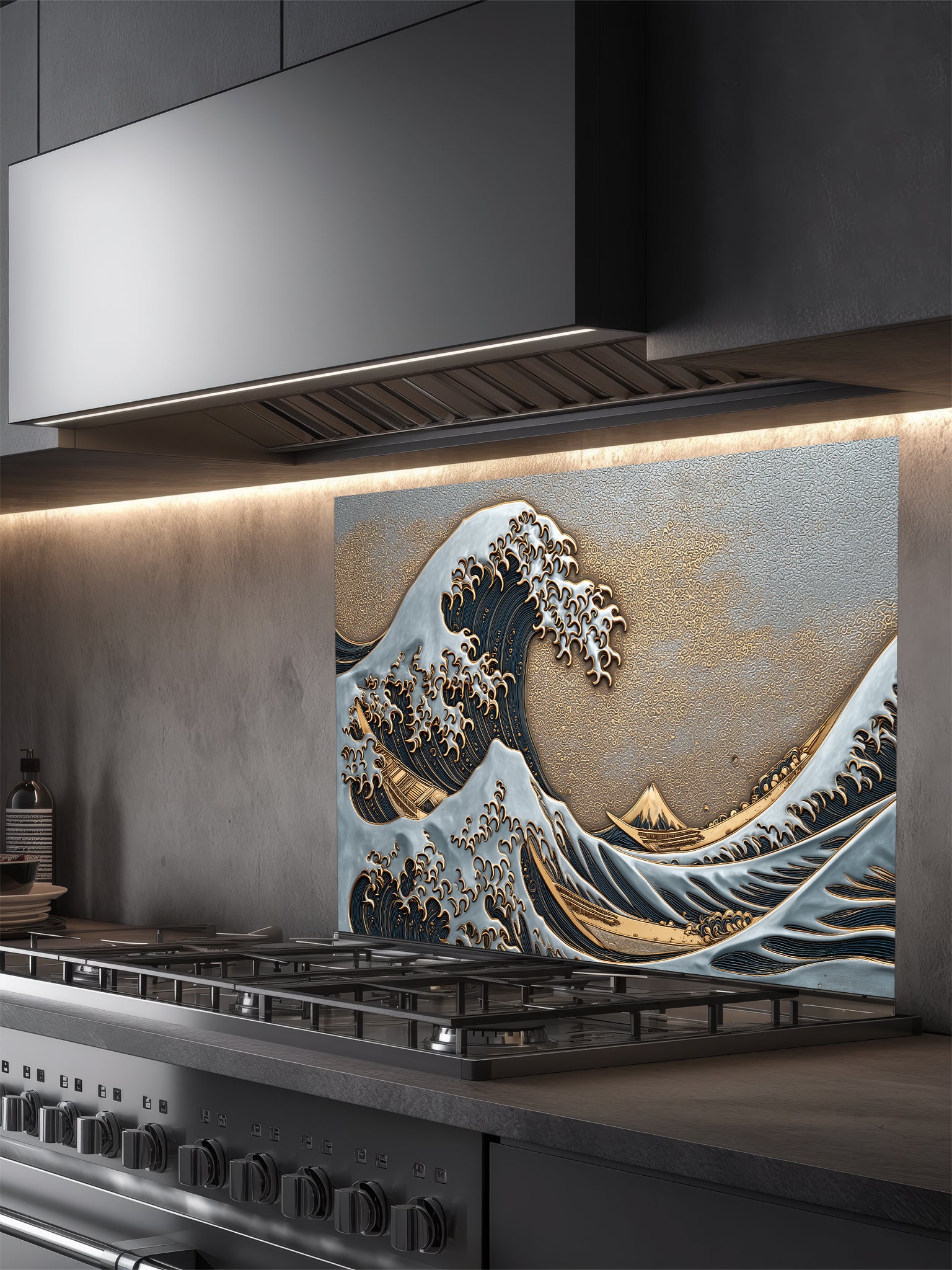 Faux 3D sculpted mixed metal relief of the Great Wave featuring silver crests, deep navy blue water, and a textured gold sky, UV printed on a smooth tempered glass kitchen backsplash.