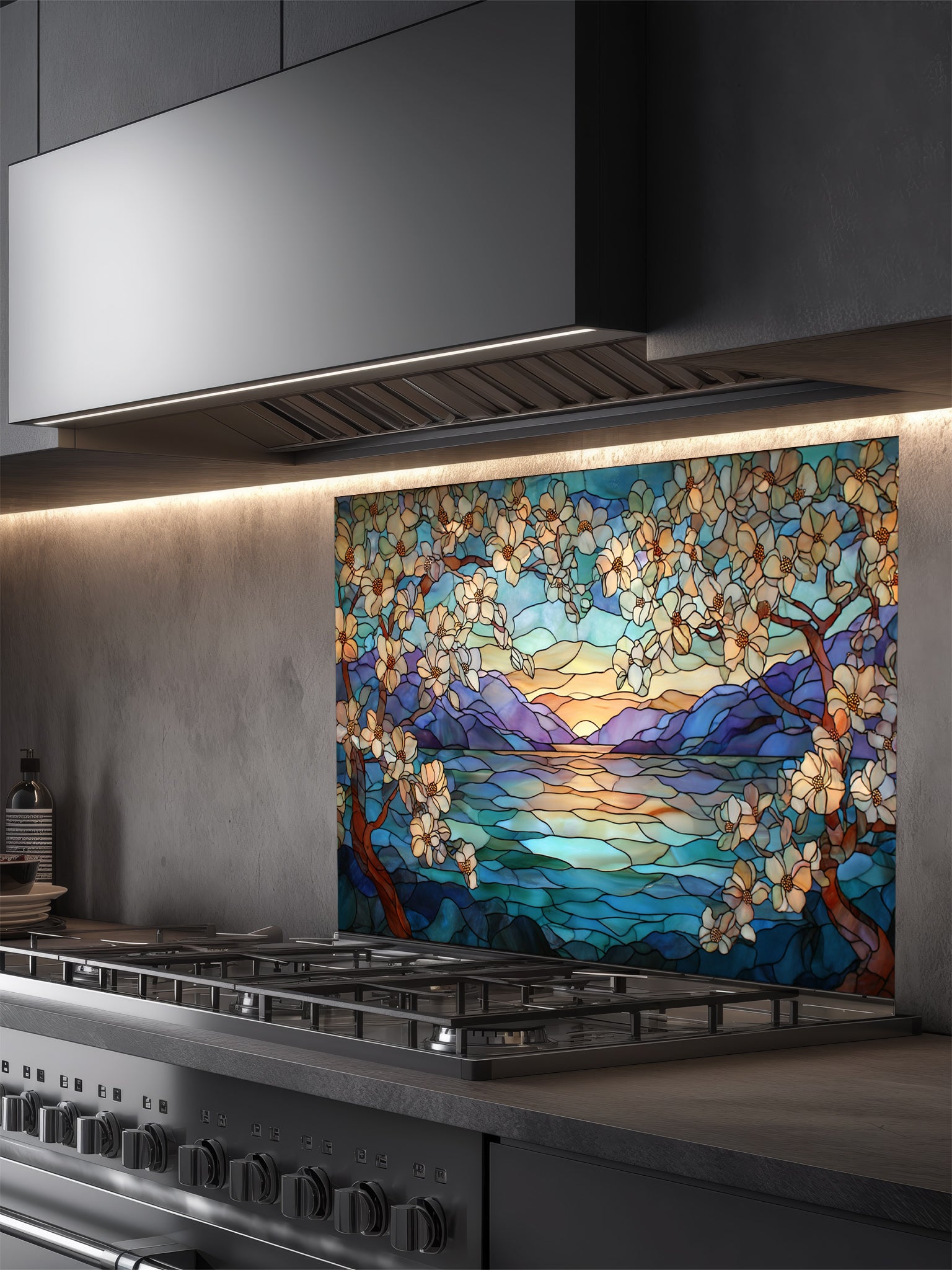 Stained glass backsplash with nature scene above a stove