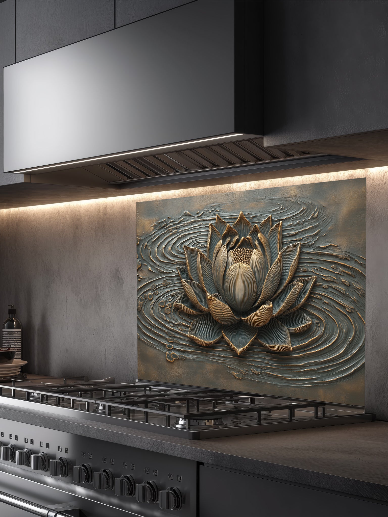 Tempered glass kitchen backsplash featuring a highly realistic 3D illusion of an embossed metallic bronze lotus flower floating on rippling dark grey water, installed behind a modern stainless steel stove.