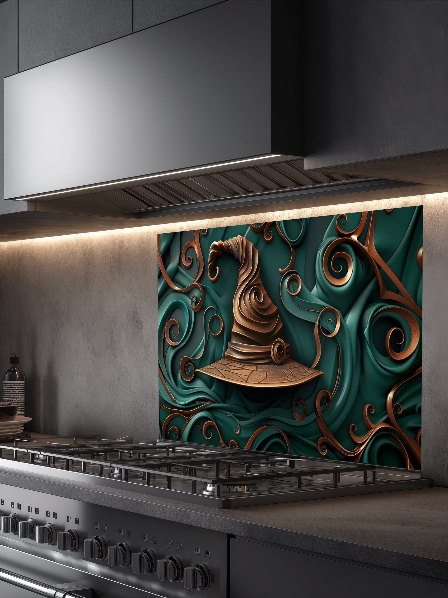 Tempered glass kitchen backsplash featuring a highly realistic 3D illusion of a sculpted, crooked bronze witch hat surrounded by heavy, flowing emerald green and copper ribbon-like swirls, installed behind a modern black stove.