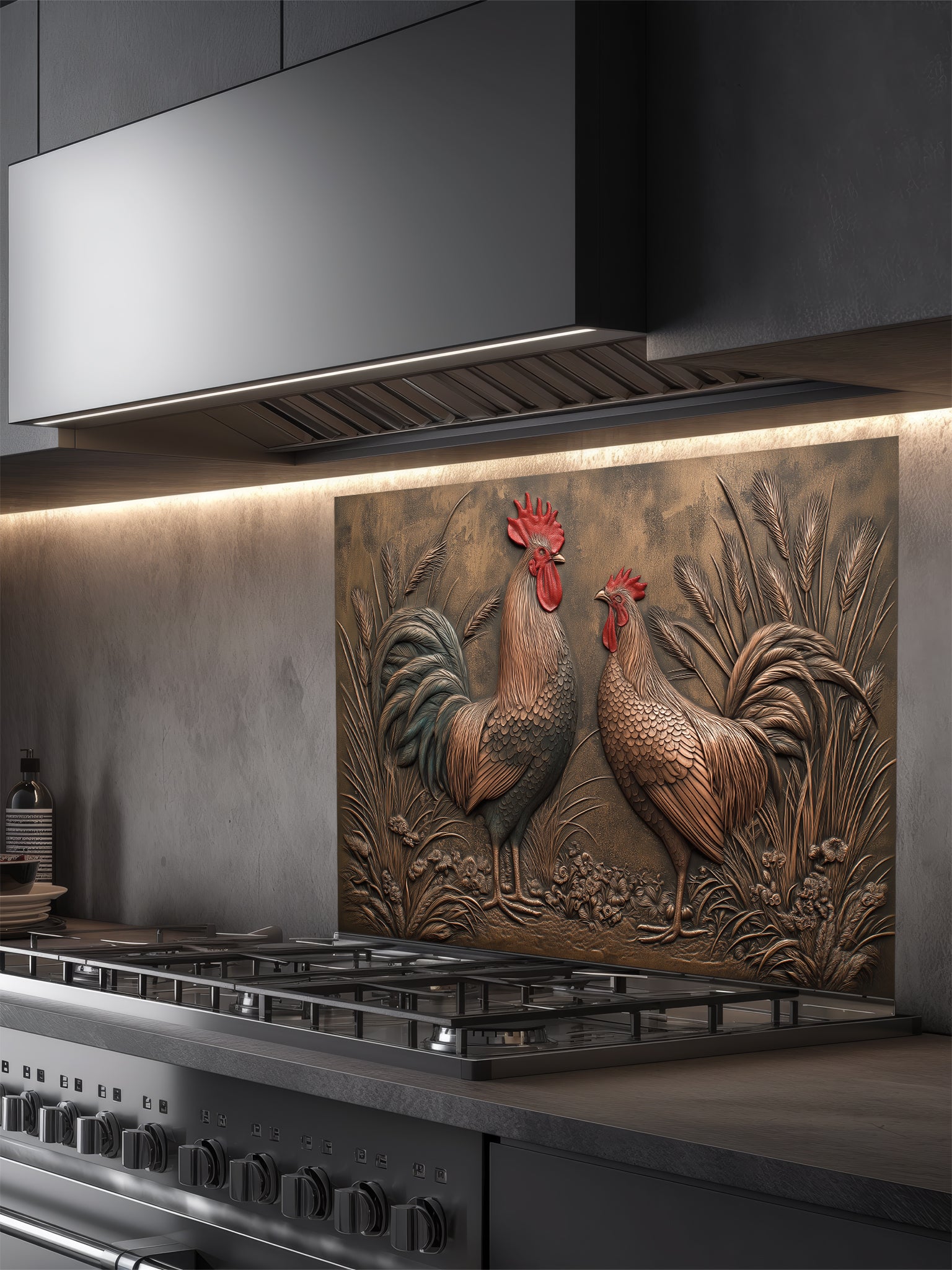 Faux 3D effect weathered bronze and copper relief of two roosters among wheat, UV printed on a smooth tempered glass kitchen backsplash, installed behind a modern stove.