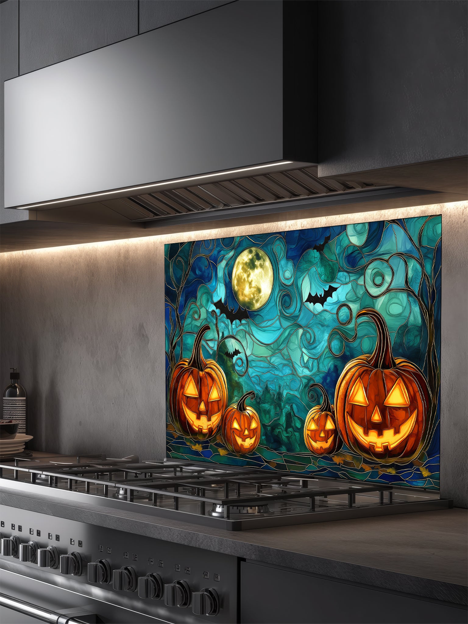 Decorative Halloween glass splashback with pumpkins and bats in a kitchen setting