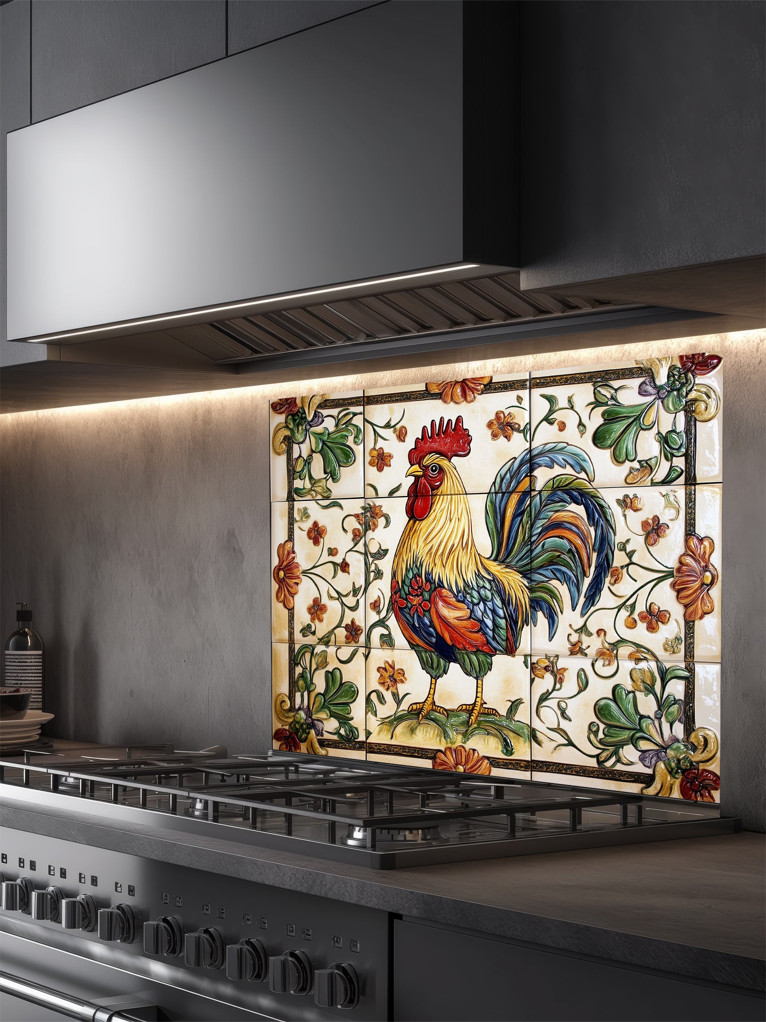Decorative glass backsplash with a rooster design above a kitchen stove.
