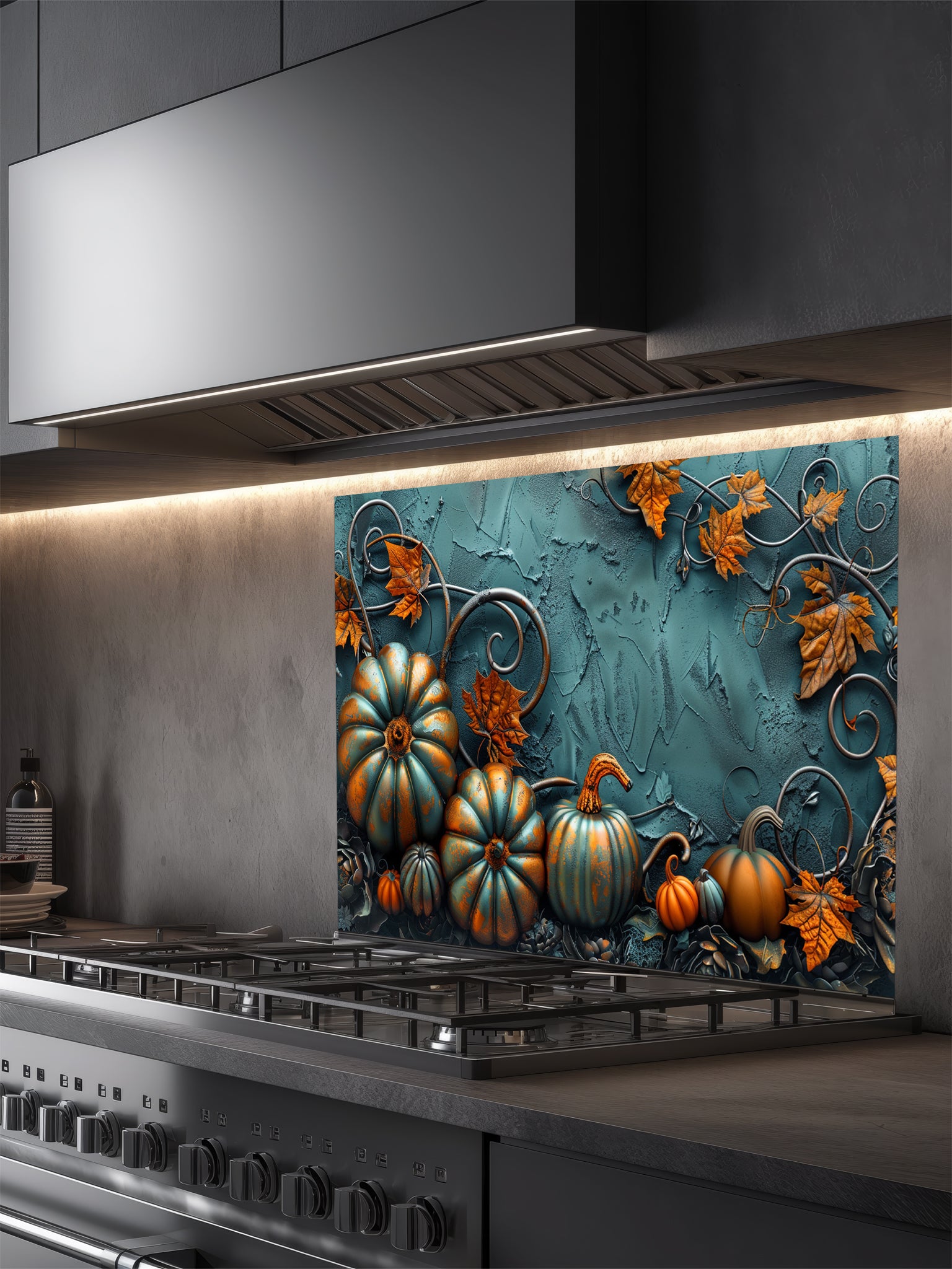Tempered glass kitchen backsplash featuring a highly realistic 3D illusion of embossed teal and orange pumpkins surrounded by whimsical copper vines and autumn leaves against a textured dark teal background, installed behind a modern black stove.