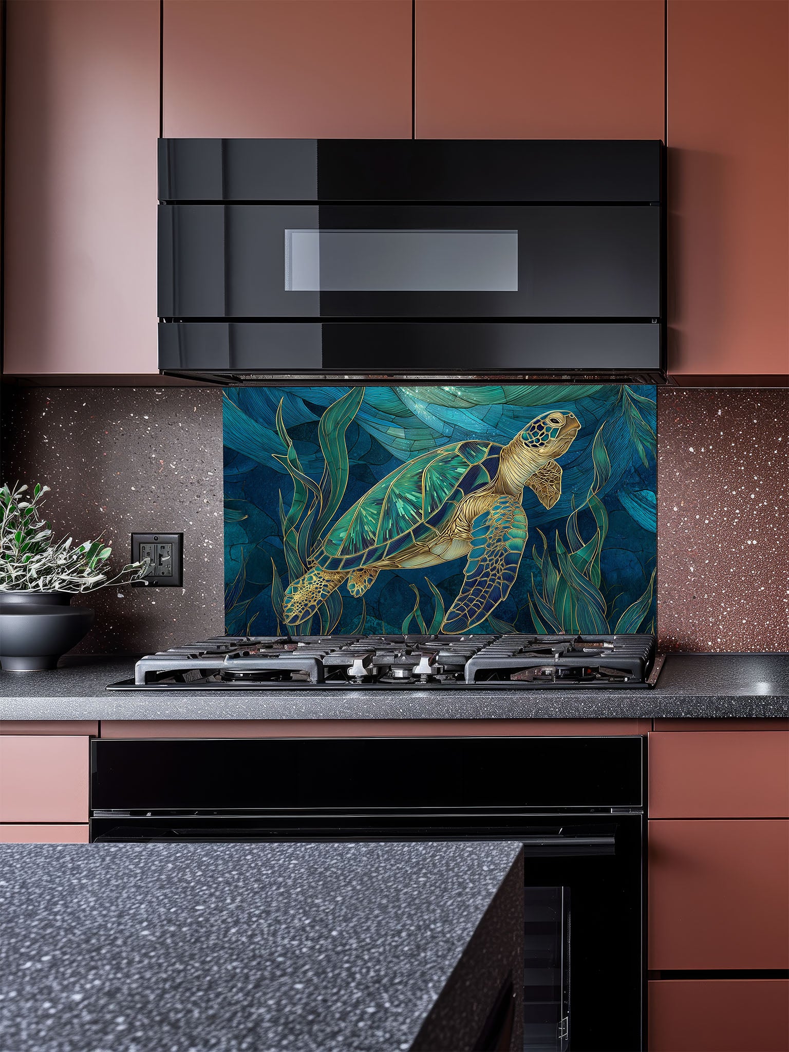 Tempered glass kitchen backsplash featuring an elegant stained glass style sea turtle swimming in deep blue ocean water, installed behind a modern stainless steel stove.