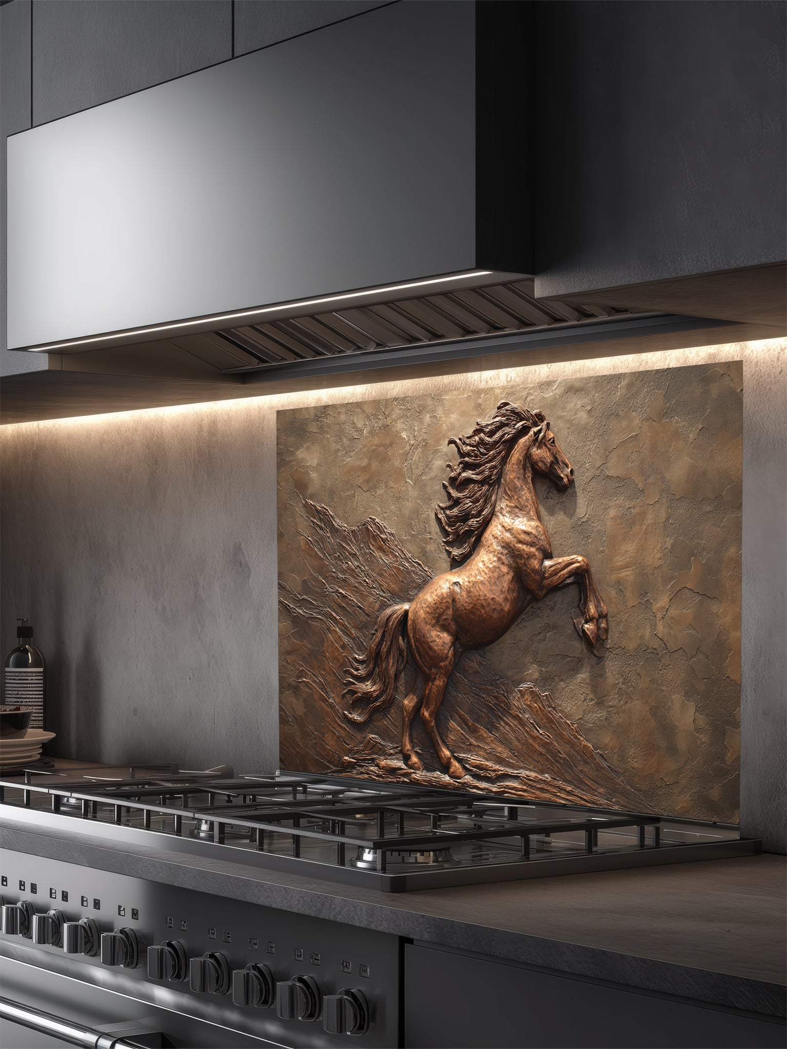 Faux 3D effect bronze carving of a majestic rearing horse, UV printed on a smooth tempered glass kitchen backsplash, installed behind a modern stove.