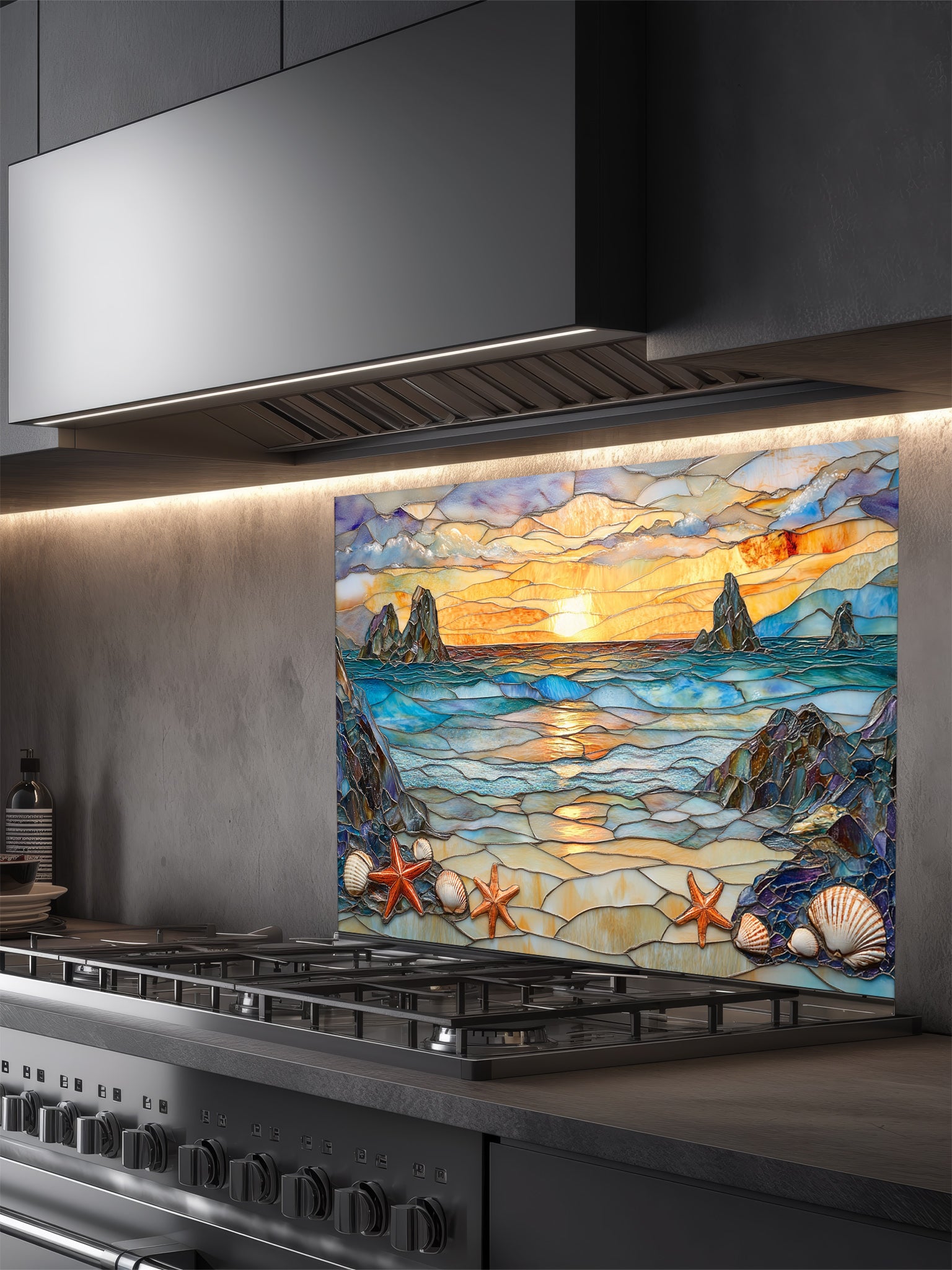 Stained glass style beach sunset with ocean waves, rocky cliffs, seashells, and starfish, UV printed on a smooth tempered glass kitchen backsplash, installed behind a modern stove.