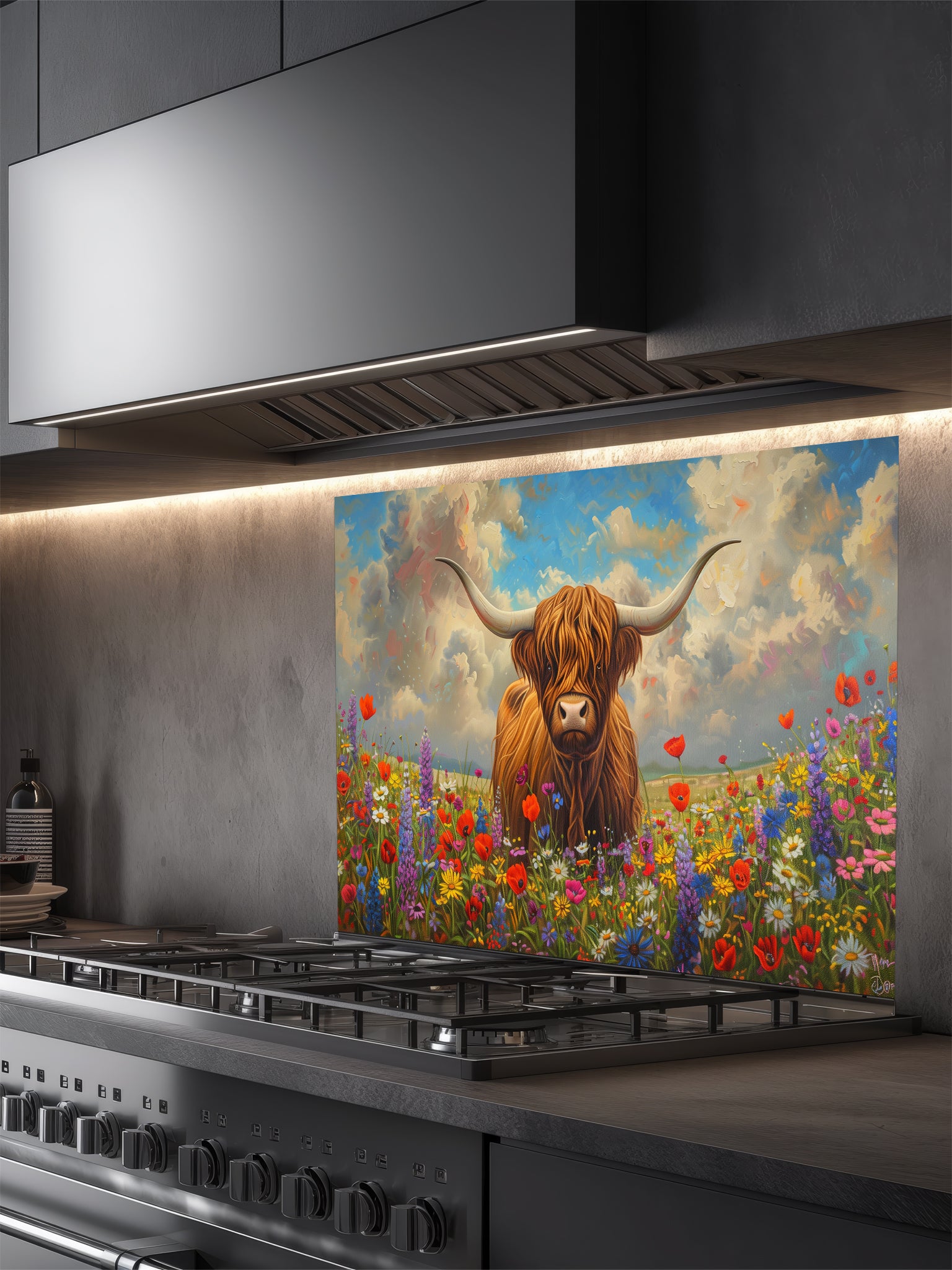 Tempered glass kitchen backsplash featuring a highly realistic 3D illusion of an oil painting showing a majestic brown Highland cow standing in a vibrant meadow of red, purple, and yellow wildflowers under a cloudy sky, installed behind a modern black stove.