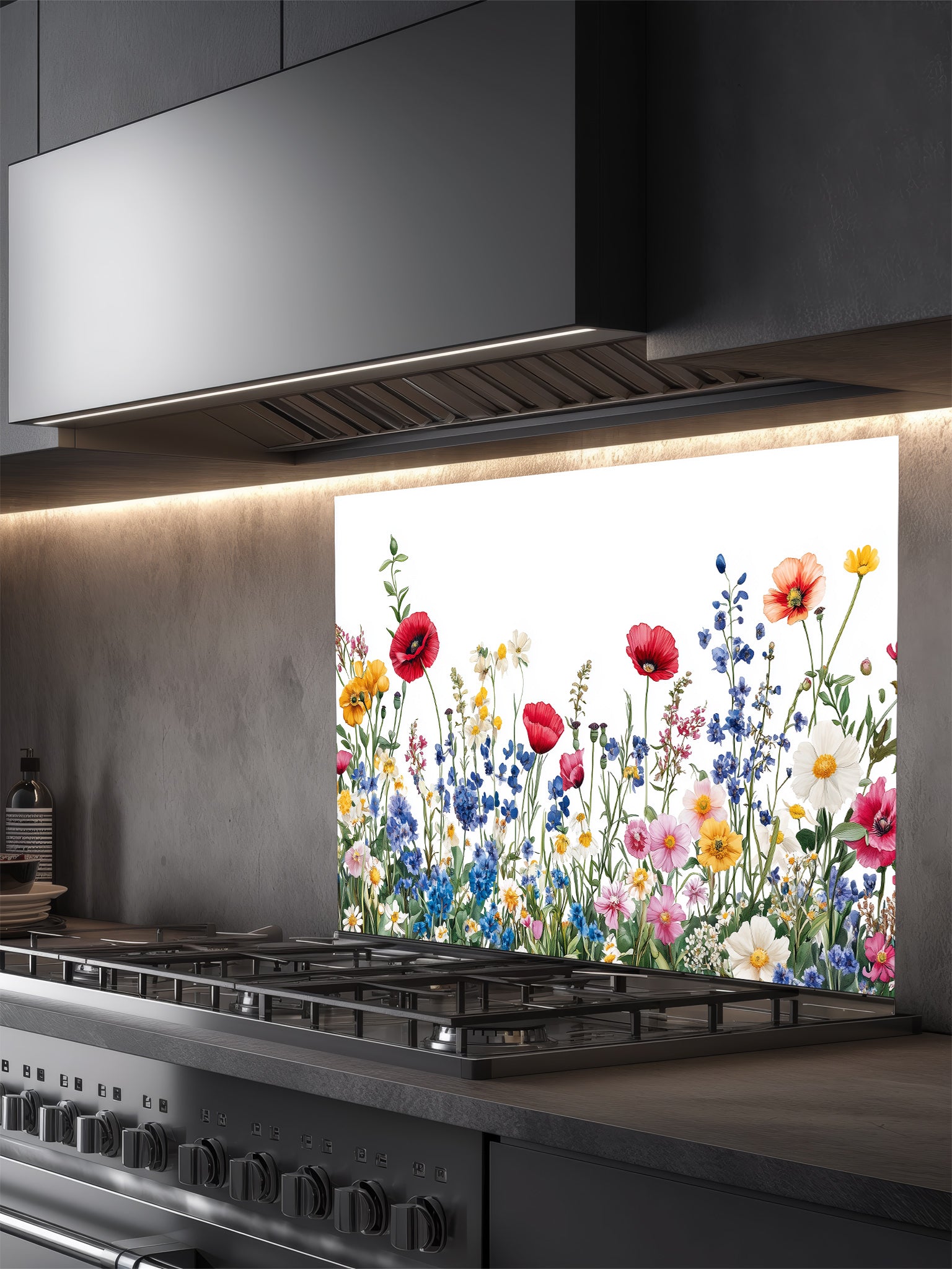 A bright kitchen featuring a tempered glass backsplash with a vibrant botanical illustration of a colorful wildflower meadow on a crisp white background, installed behind a modern stainless steel stove.
