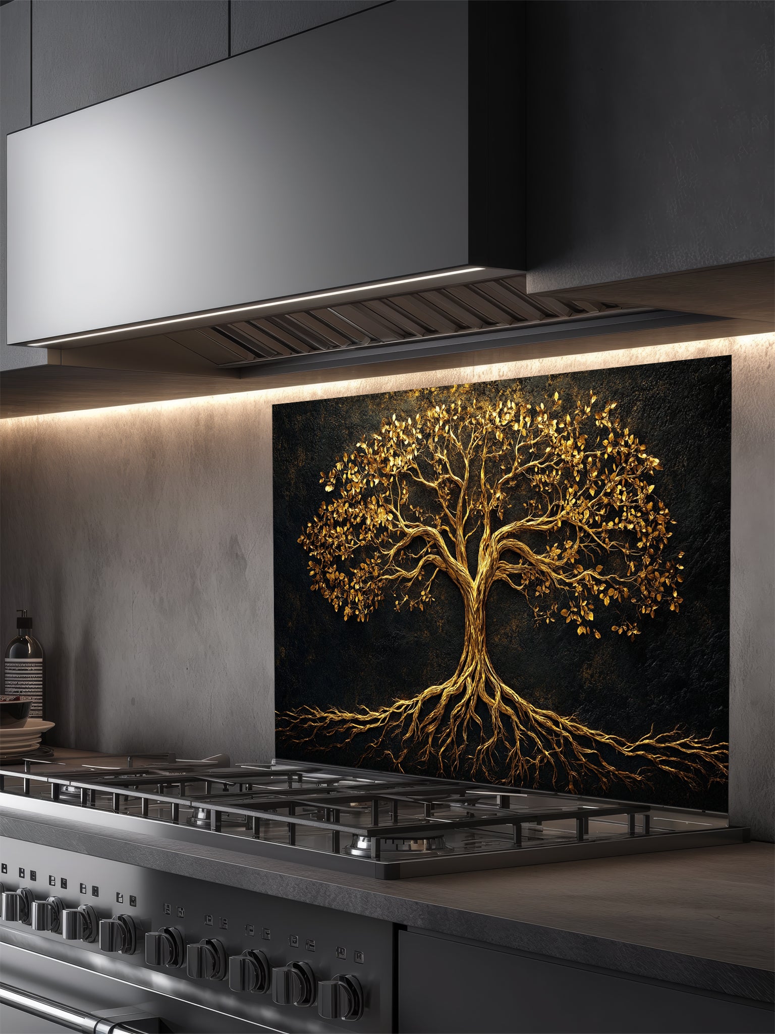 Abstract luxury fine art style Tree of Life featuring faux gold leaf and metallic textures, UV printed on a smooth tempered glass kitchen backsplash.
