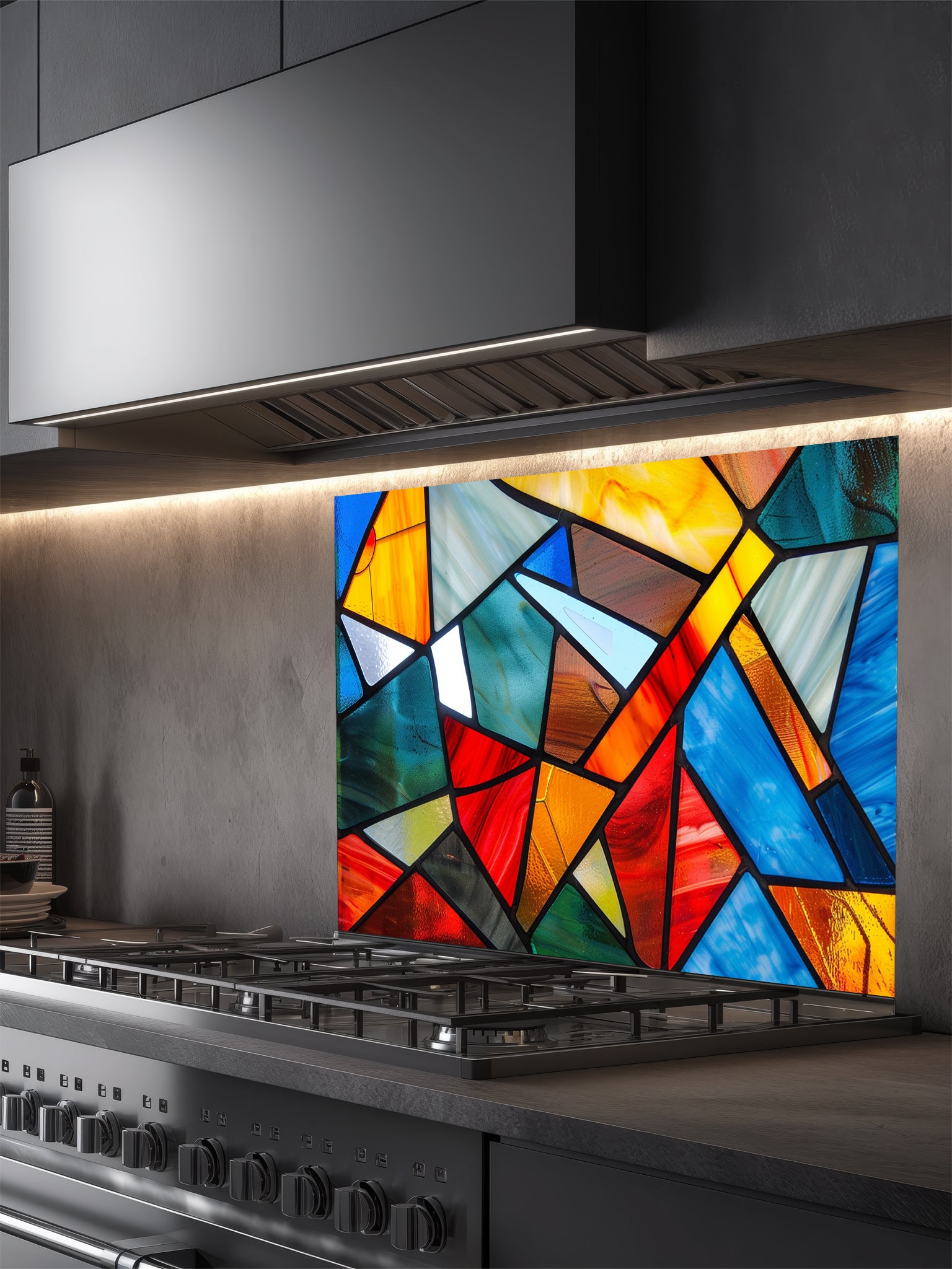 Tempered glass kitchen backsplash featuring a highly realistic illusion of abstract geometric stained glass with asymmetrical shards in vibrant, luminous shades of red, blue, yellow, and teal outlined by dark faux lead lines, installed behind a modern black stove.