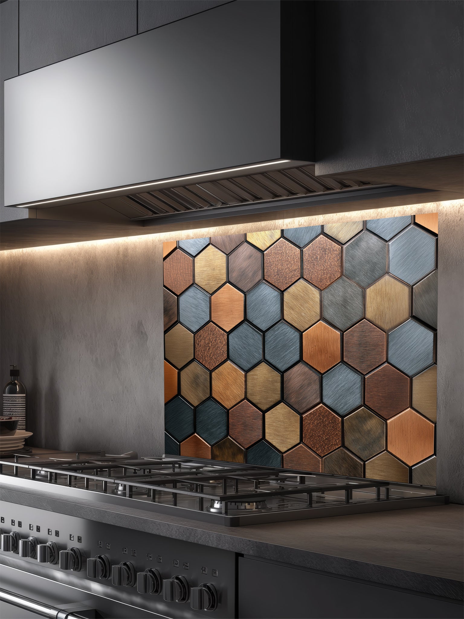 Faux 3D effect mixed metallic hexagon tiles in copper, bronze, and steel tones, UV printed on a smooth tempered glass kitchen backsplash, installed behind a modern stove.