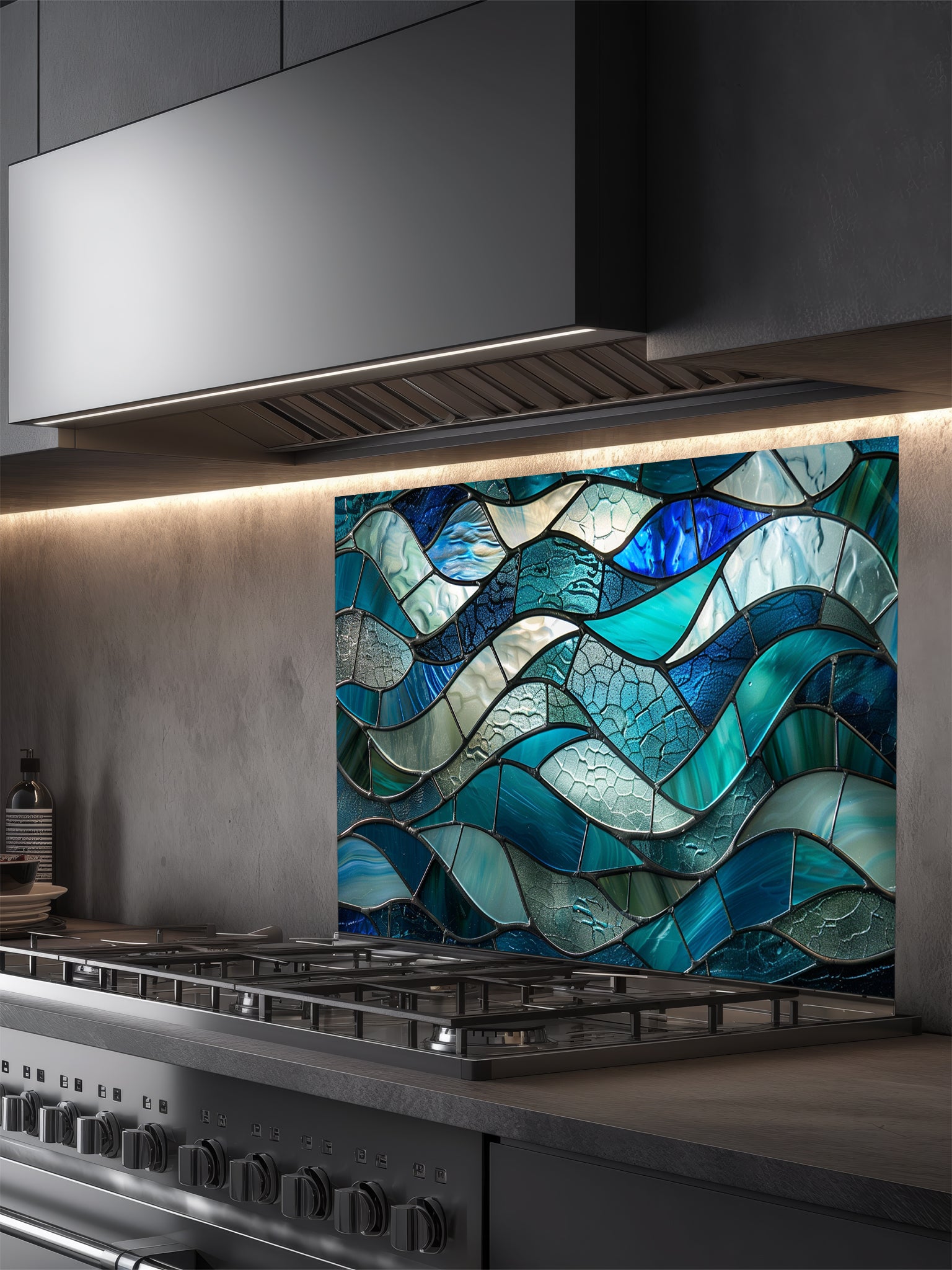 Tempered glass kitchen backsplash featuring a highly realistic 3D illusion of stained glass or sea glass art showing flowing, overlapping ocean waves in vibrant translucent shades of sapphire blue, teal, and aquamarine, installed behind a modern black stove.