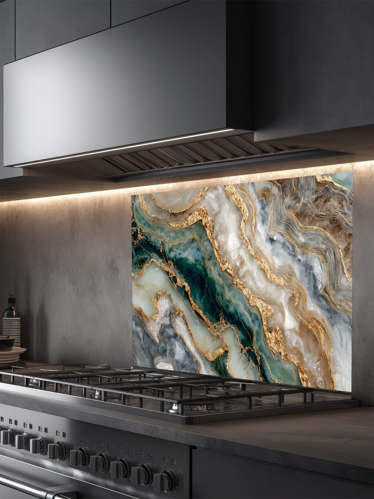 Faux fluid art epoxy resin pattern featuring deep malachite green, white, and striking 3D-looking liquid gold Kintsugi veins, UV printed on a smooth tempered glass kitchen backsplash.