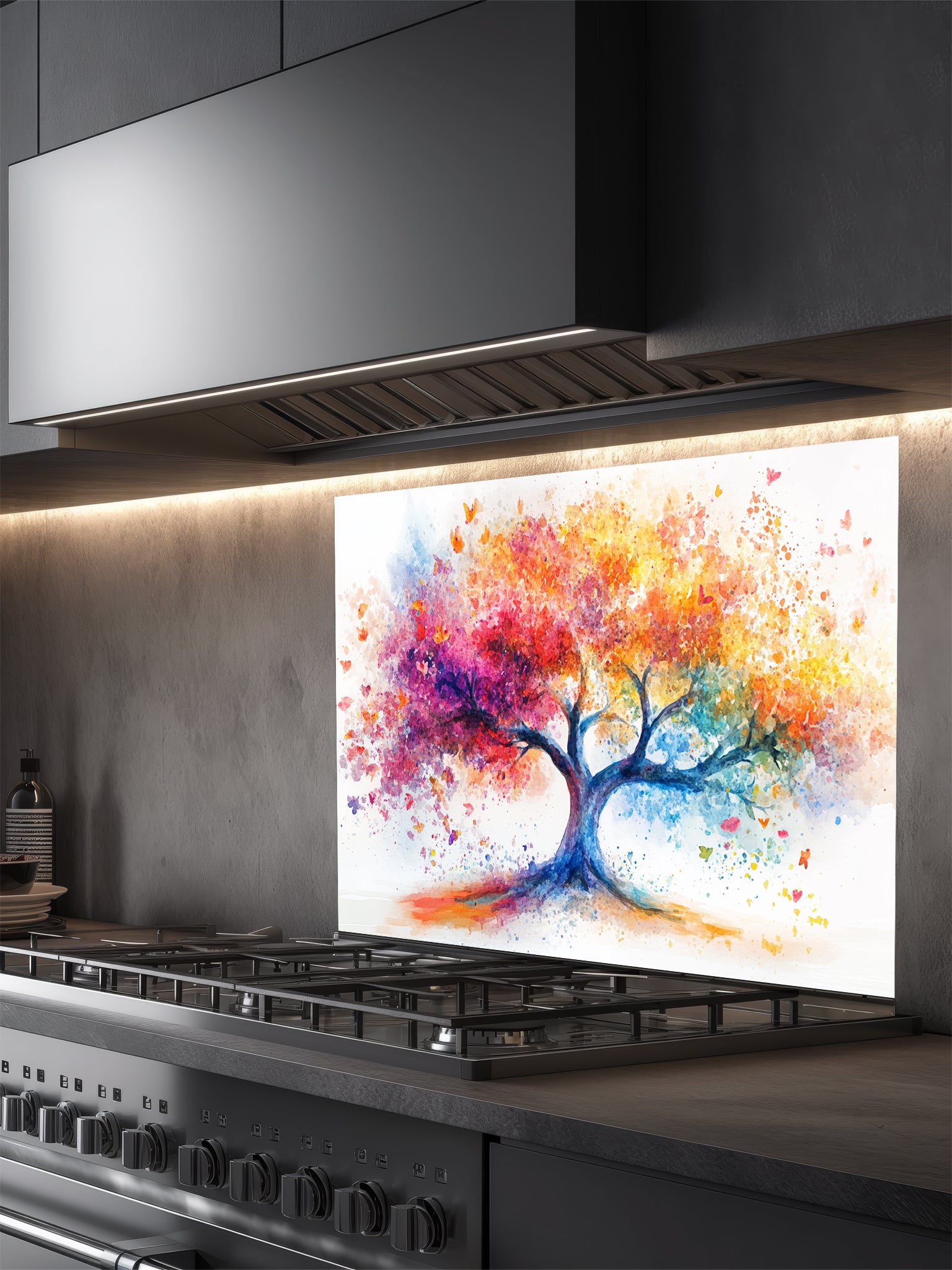 Vibrant watercolor style Tree of Life with colorful paint splatters in rainbow hues, UV printed on a smooth tempered glass kitchen backsplash.