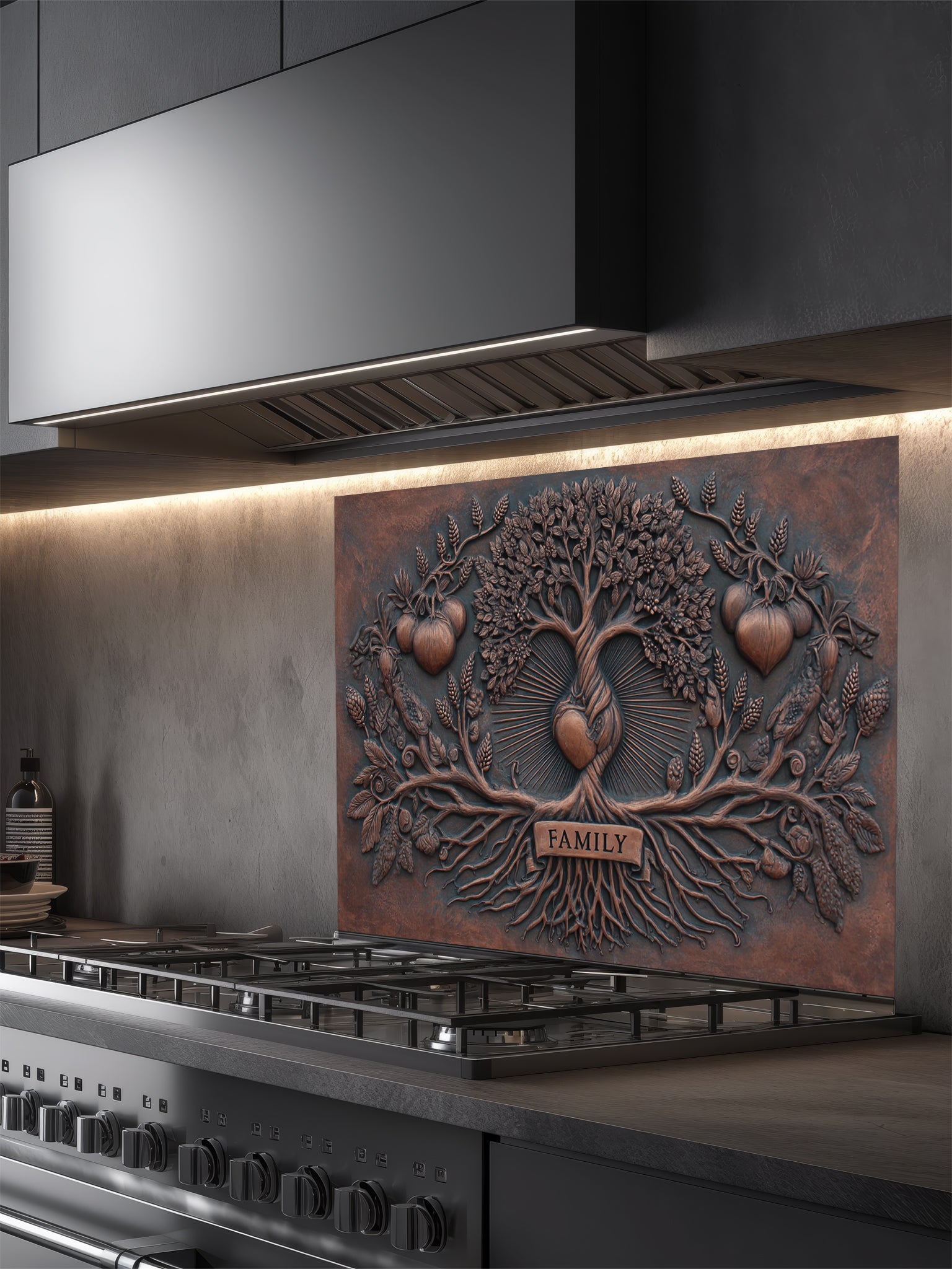 Faux 3D sculpted iron and copper relief of a family tree with a central radiating heart and a single 'FAMILY' banner over the roots, UV printed on a smooth tempered glass kitchen backsplash.