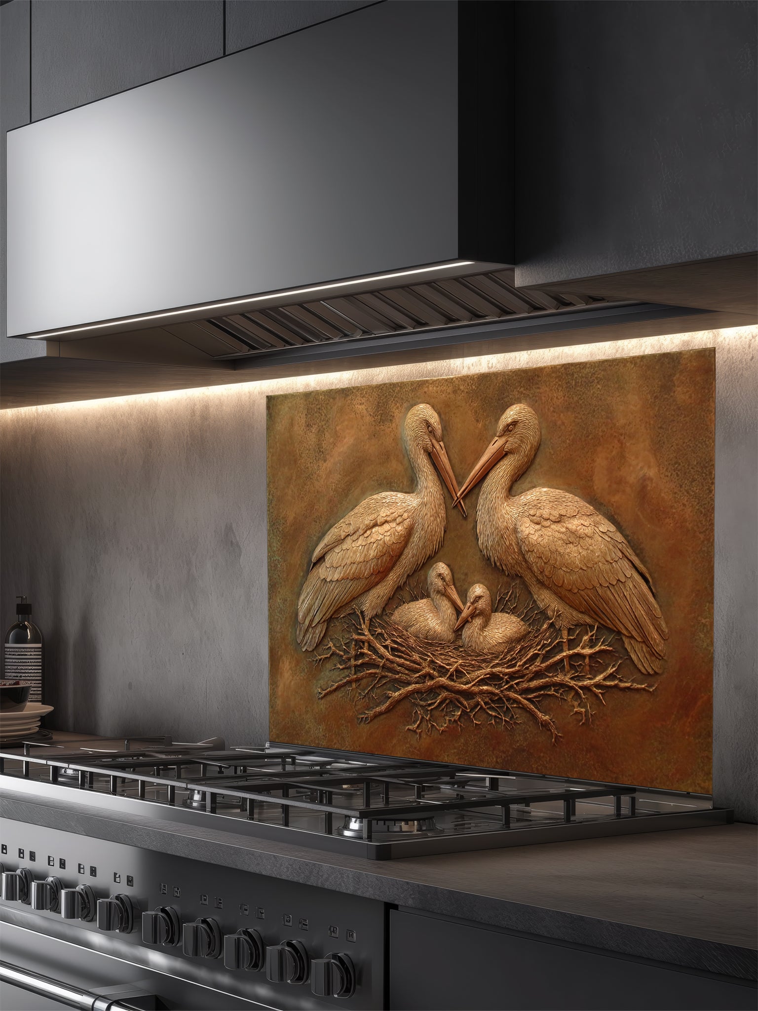 Faux 3D sculpted bronze relief of a stork family in a nest set against a rustic metallic background, UV printed on a smooth tempered glass kitchen backsplash.