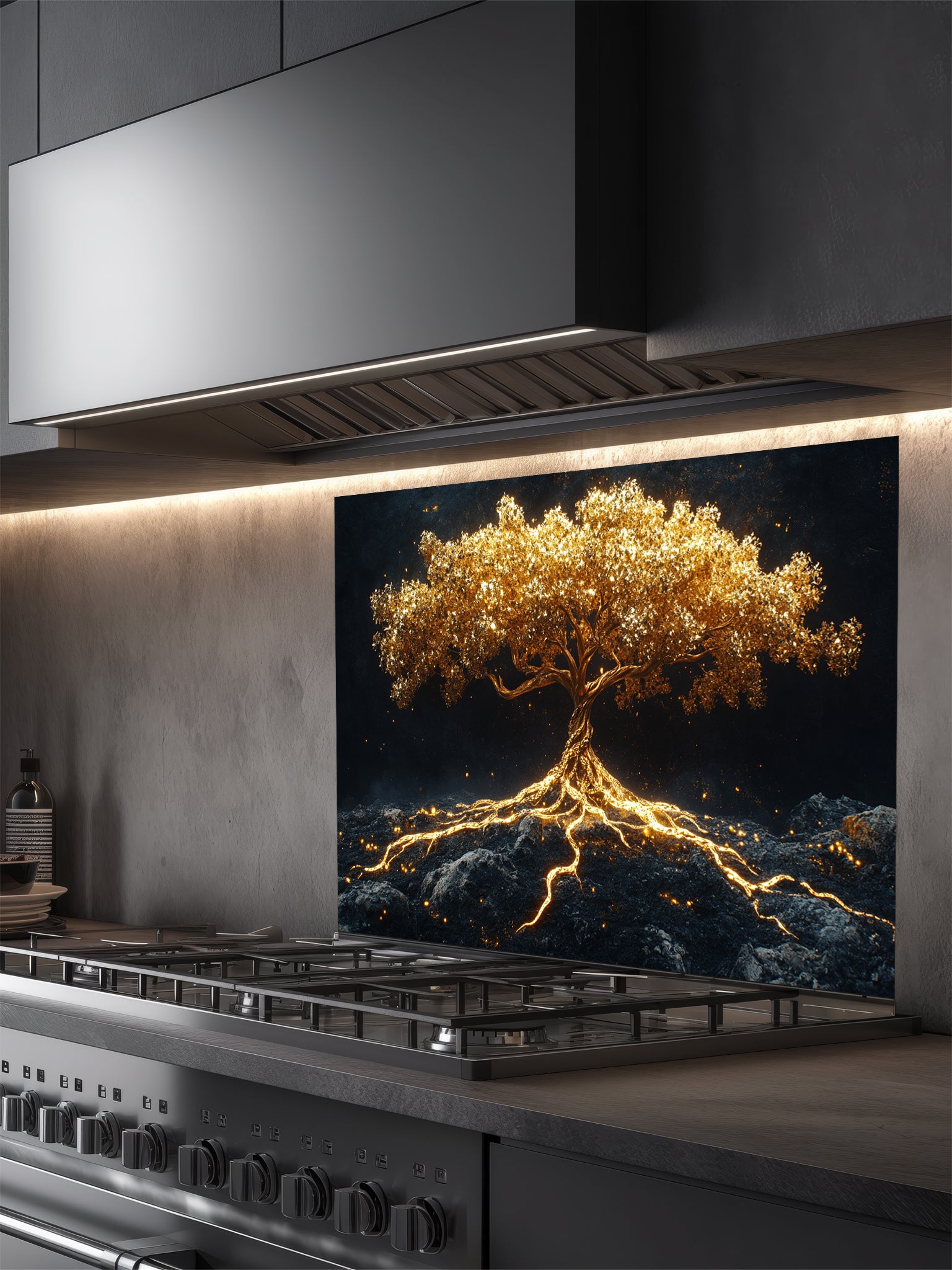 Faux glowing golden tree of life with illuminated roots on a dark mystical background, UV printed on a smooth tempered glass kitchen backsplash.