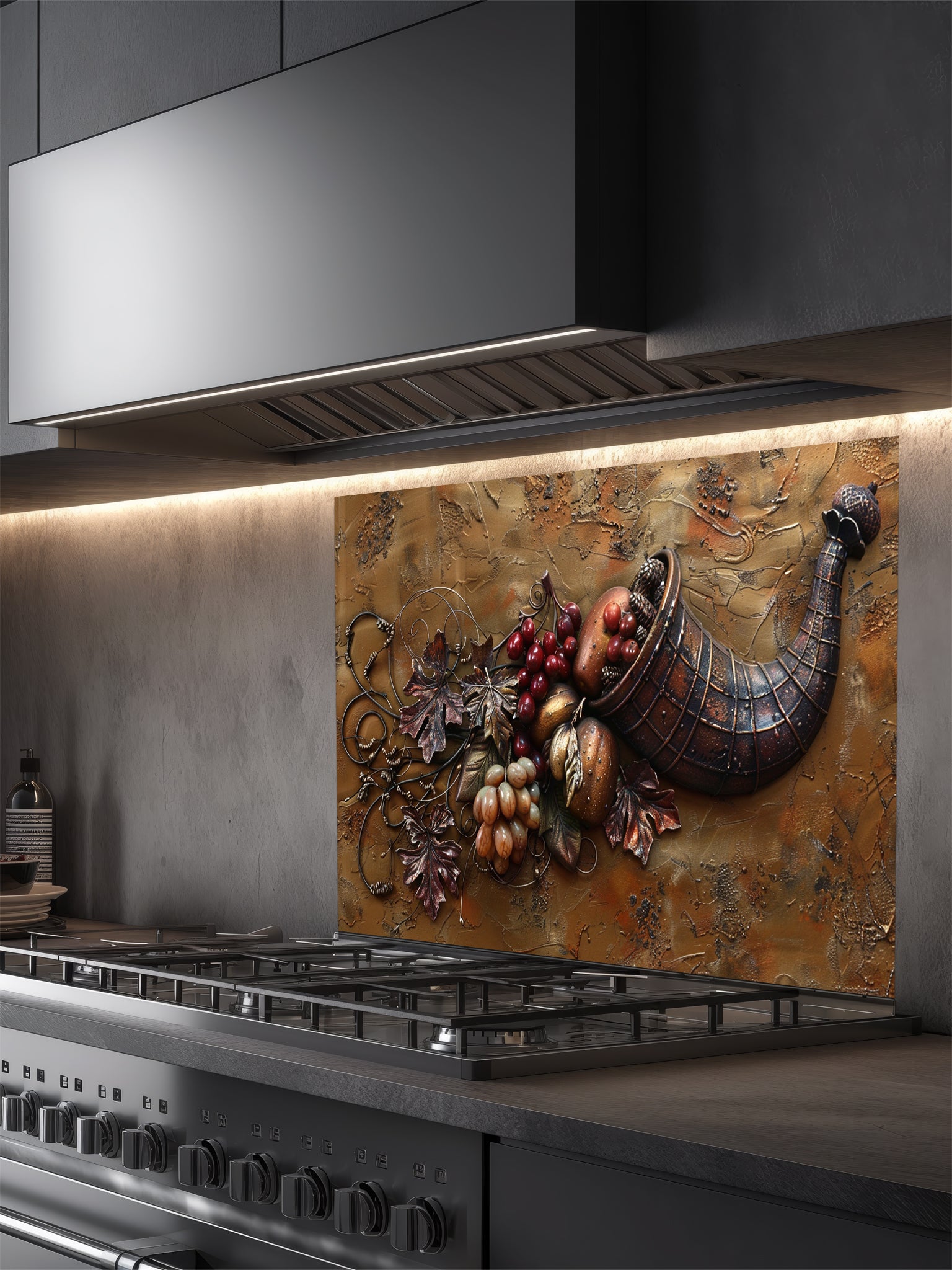 Faux 3D effect carved bronze cornucopia overflowing with grapes and autumn leaves on a textured metal background, UV printed on a smooth tempered glass kitchen backsplash.