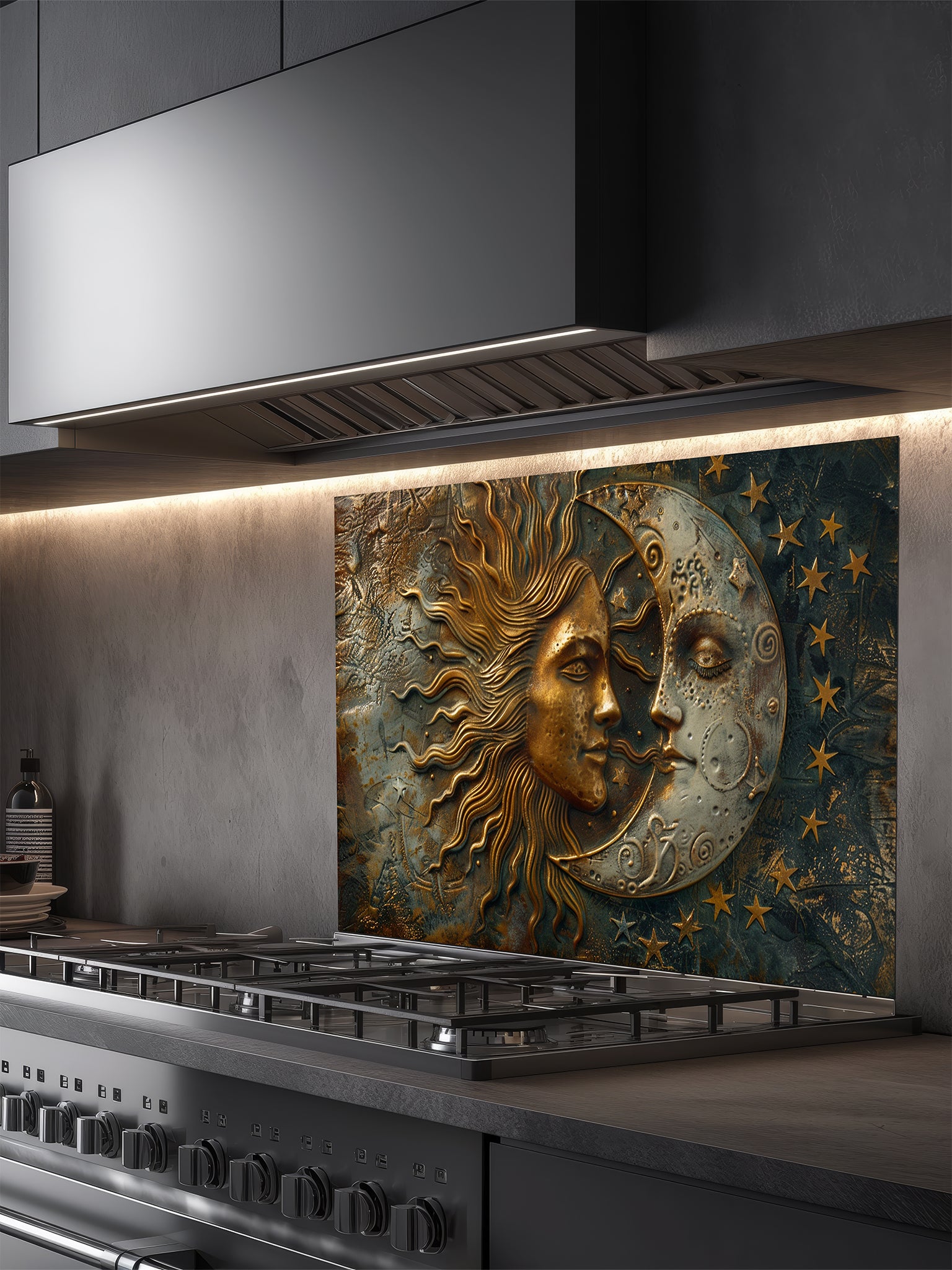 Tempered glass kitchen backsplash featuring a highly realistic 3D faux metal design of a celestial sun and moon with stars in antique bronze, gold, and oxidized silver tones, installed behind a modern stainless steel stove.