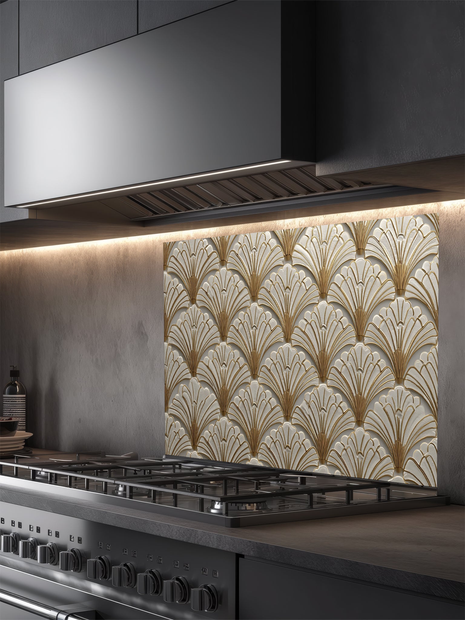 Tempered glass kitchen backsplash featuring a highly realistic 3D illusion of an Art Deco scalloped fan pattern in creamy ivory with elegant faux gold metallic outlines, installed behind a modern black stove.