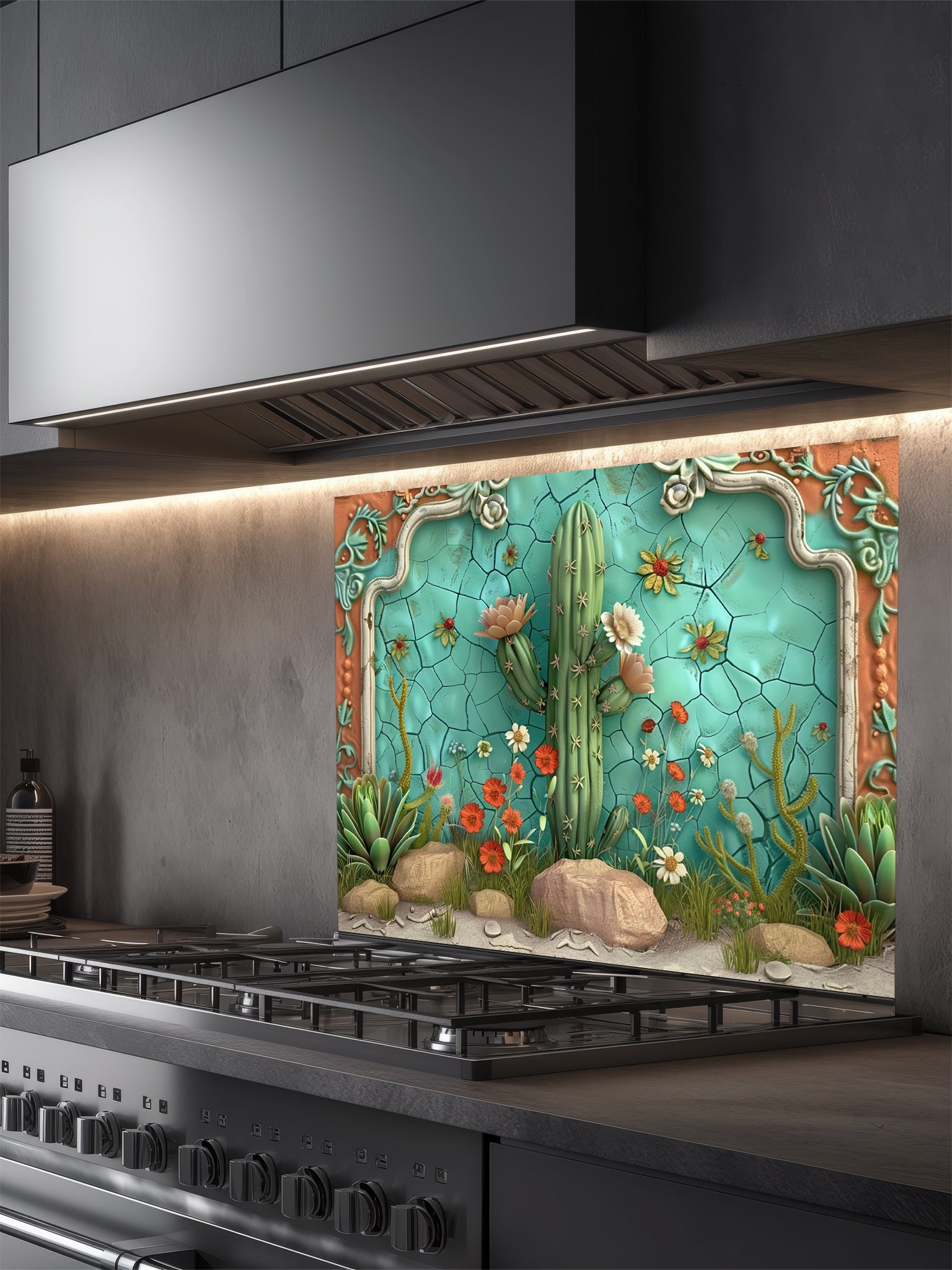 Faux 3D sculpted relief of a desert scene with a Saguaro cactus, succulents, and a terracotta frame against a cracked turquoise ceramic background, UV printed on a smooth tempered glass kitchen backsplash.