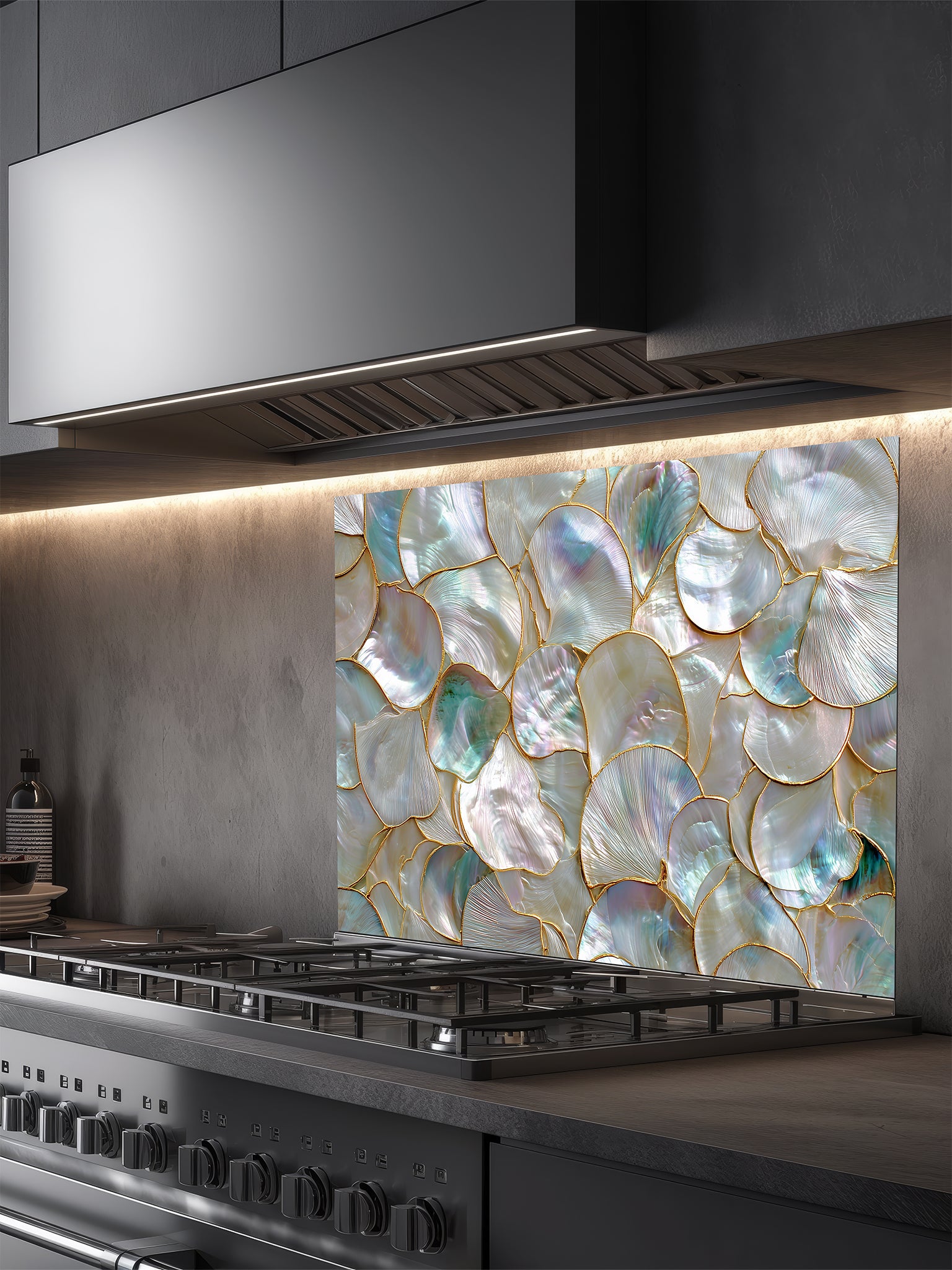 Tempered glass kitchen backsplash featuring a highly realistic 3D faux mosaic design of overlapping mother of pearl and abalone shells with iridescent pastel colors and gold outlines, installed behind a modern stainless steel stove.