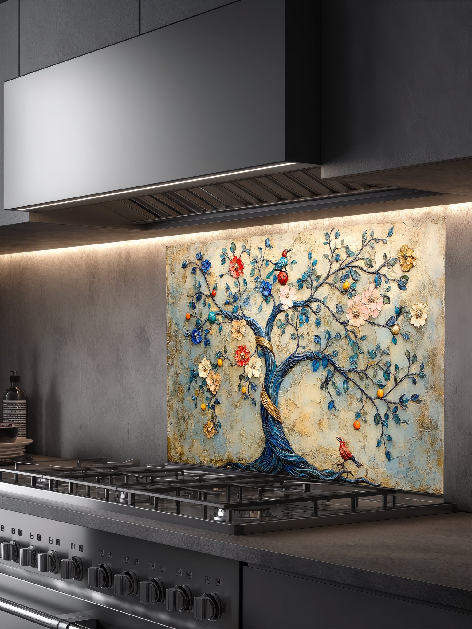 Tempered glass kitchen backsplash featuring a highly realistic 3D illusion of an embossed bas-relief sculpture showing an enchanted tree with a twisting blue trunk, colorful blooming flowers, and perched birds against a textured vintage golden-beige background, installed behind a modern black stove.
