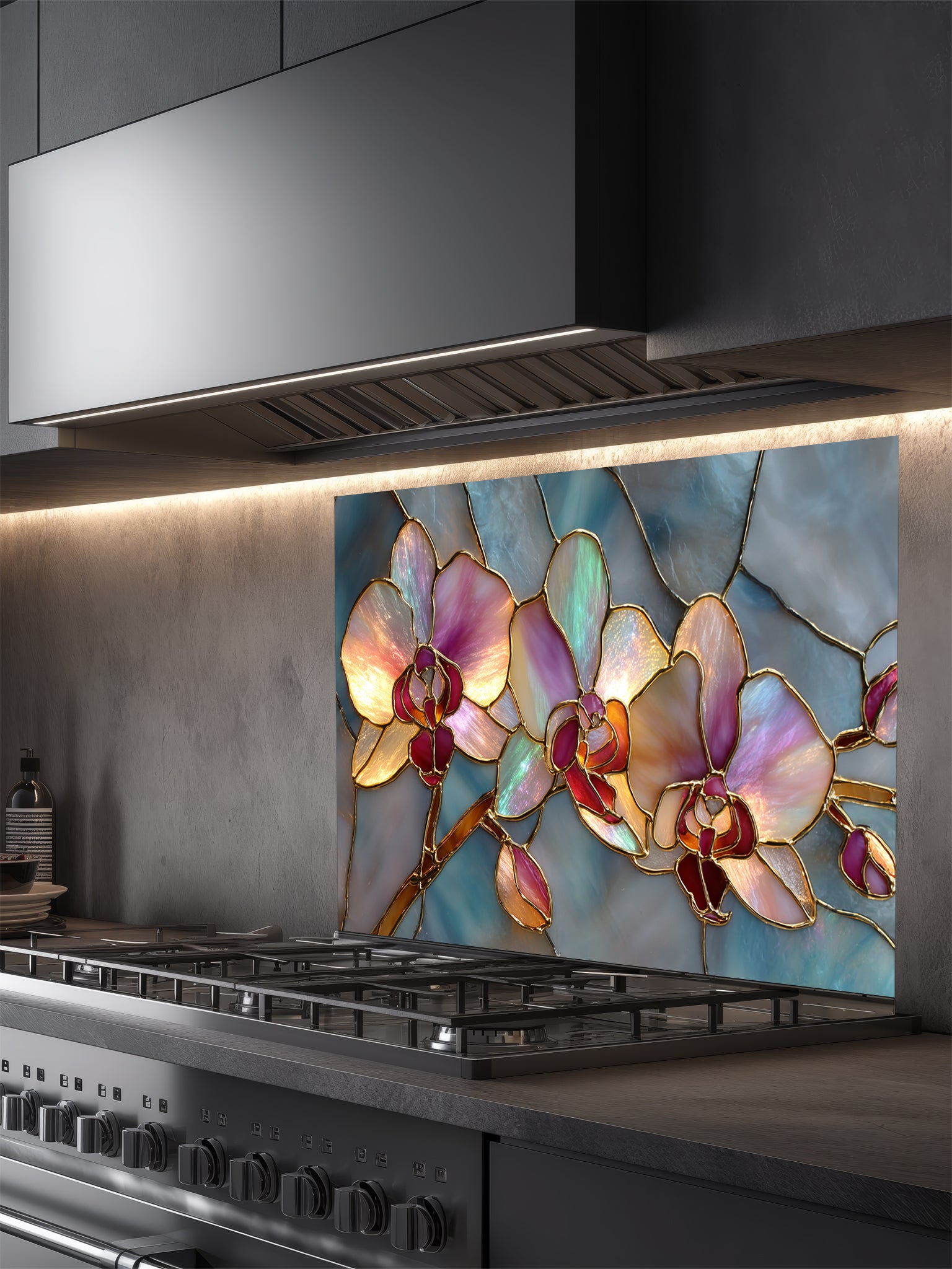 Faux stained glass pattern featuring glowing pink and magenta orchids with gold outlines against a swirling teal and blue mosaic background, UV printed on a smooth tempered glass kitchen backsplash.