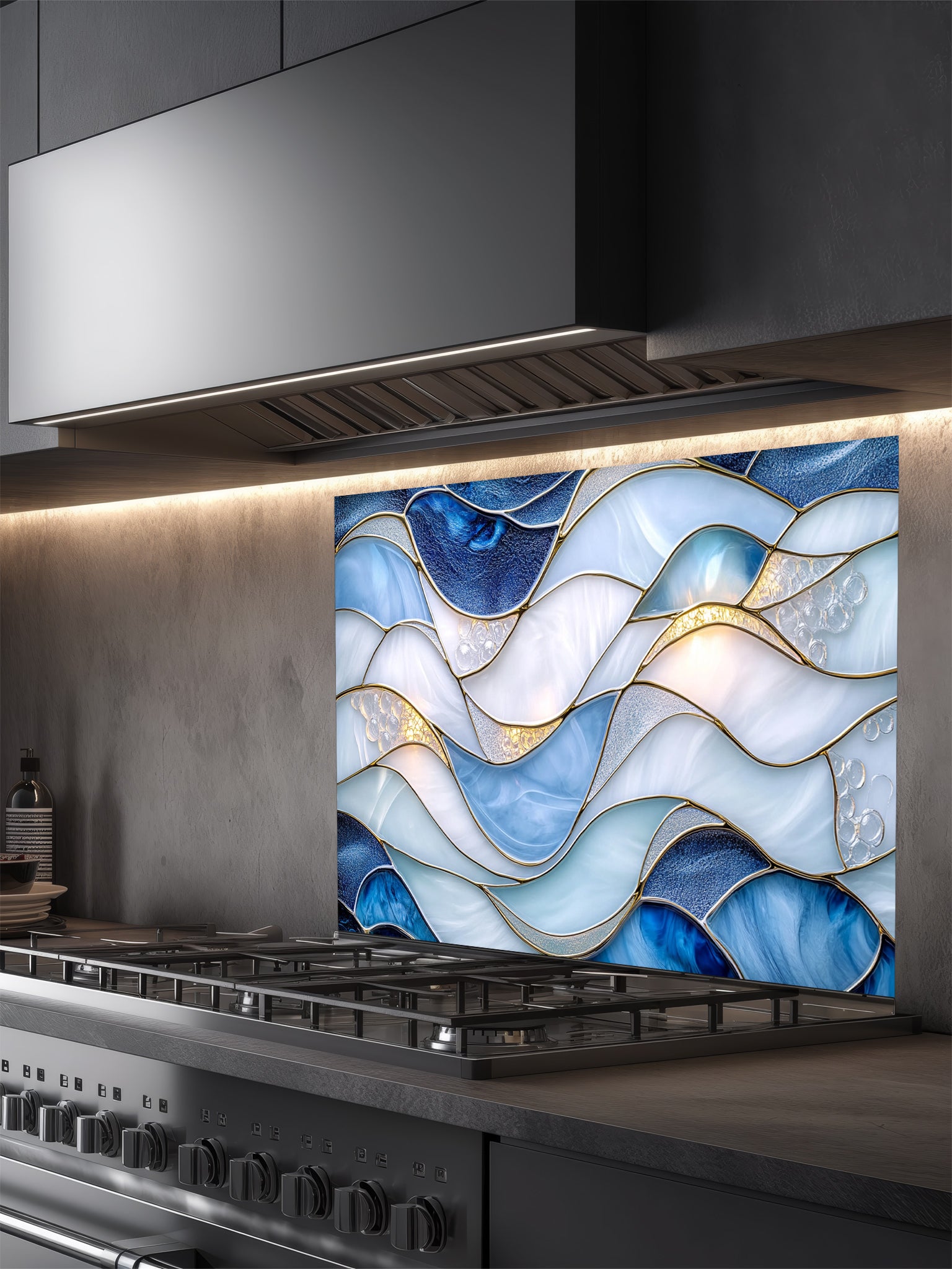A modern kitchen featuring a tempered glass backsplash with a luxurious abstract fluid art design of blue and white waves with 3D-effect gold veins, installed behind a stainless steel stove.